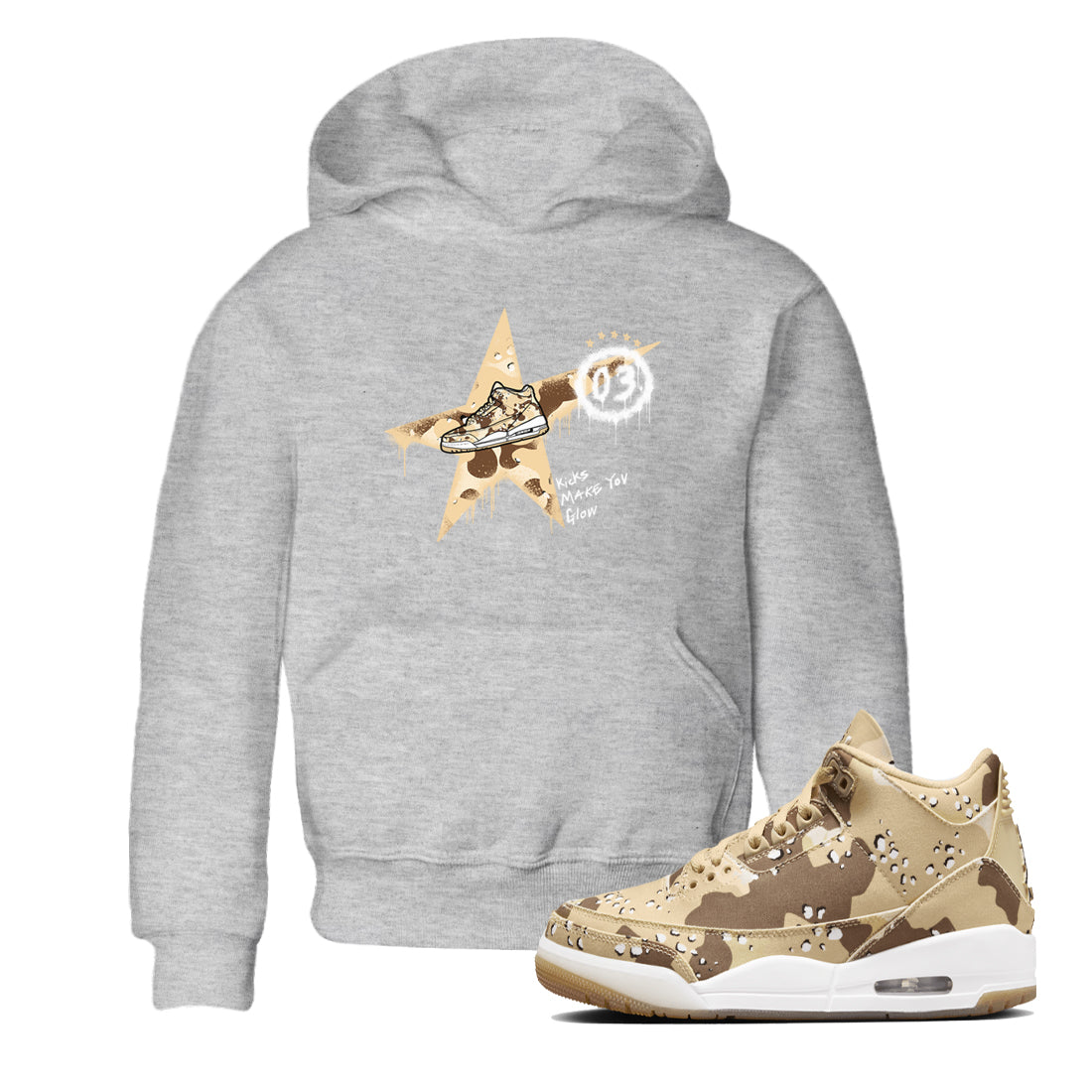 AJ3 Desert Camo shirts to match jordans Kicks Make You Glow sneaker match tees Air Jordan 3 Desert Camo Drip Gear Zone streetwear brand Baby and Youth Heather Grey 1 cotton tee