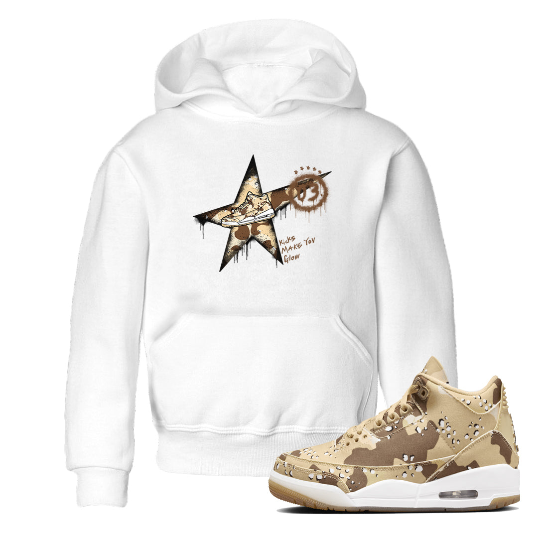 AJ3 Desert Camo shirts to match jordans Kicks Make You Glow sneaker match tees Air Jordan 3 Desert Camo Drip Gear Zone streetwear brand Baby and Youth White 1 cotton tee