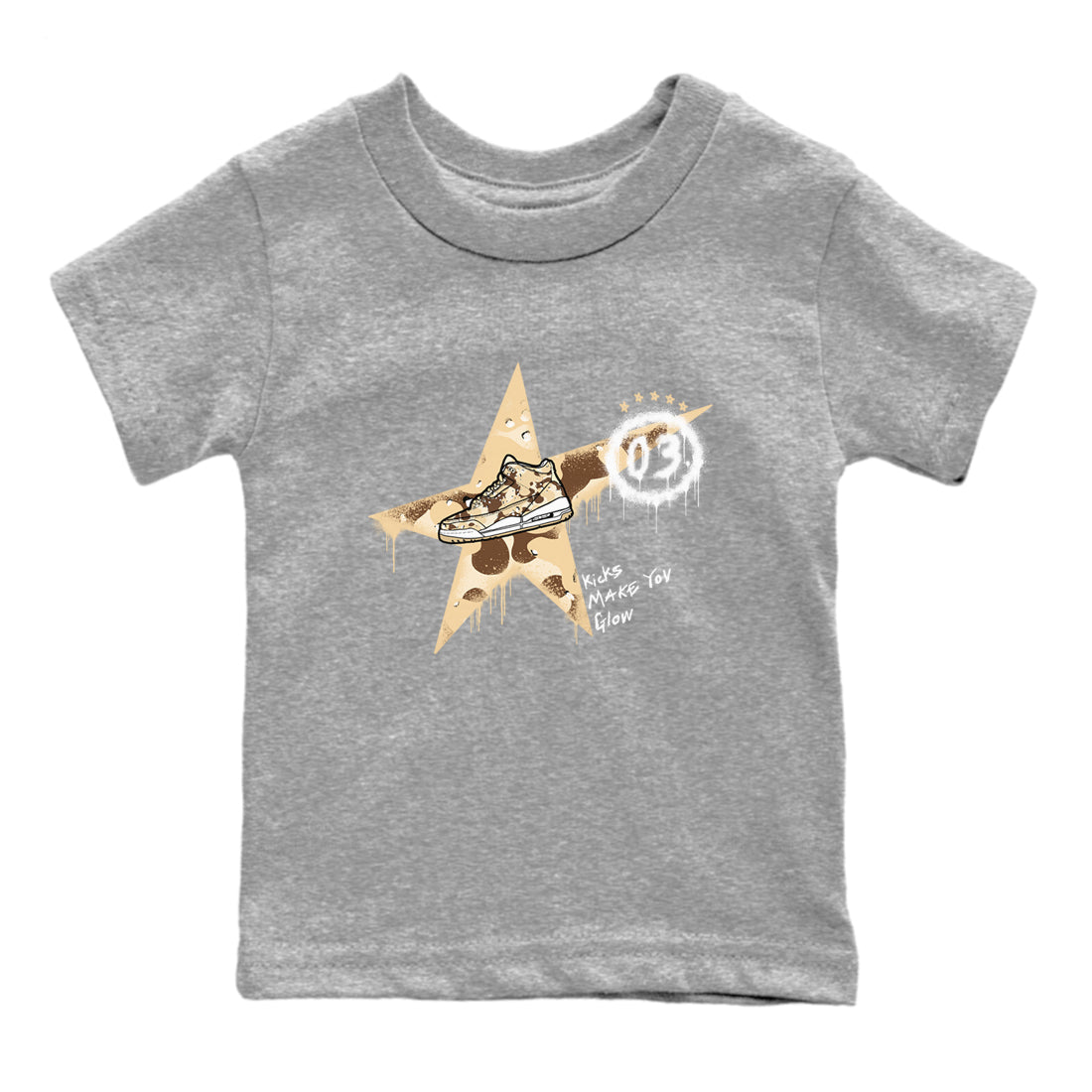 AJ3 Desert Camo shirts to match jordans Kicks Make You Glow sneaker match tees Air Jordan 3 Desert Camo Drip Gear Zone streetwear brand Baby and Youth Heather Grey 2 cotton tee