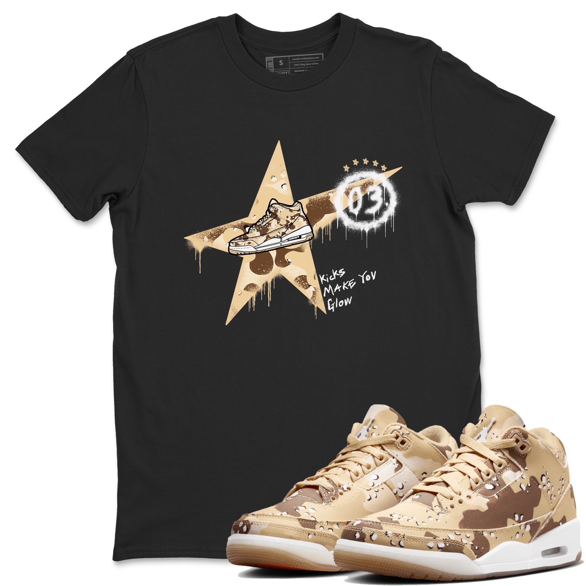 AJ3 Desert Camo shirts to match jordans Kicks Make You Glow sneaker match tees Air Jordan 3 Desert Camo Drip Gear Zone streetwear brand Black 1 unisex cotton tee