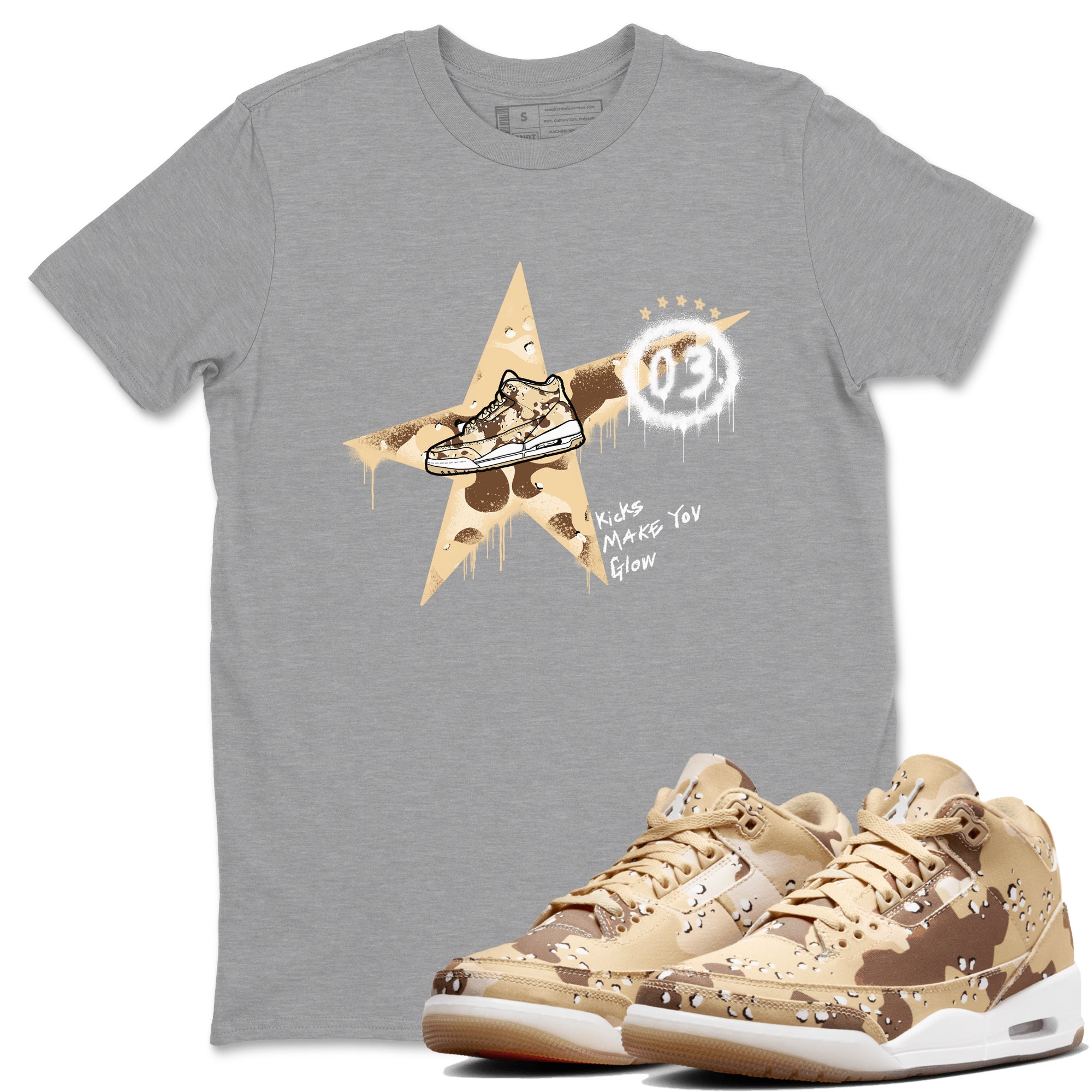 AJ3 Desert Camo shirts to match jordans Kicks Make You Glow sneaker match tees Air Jordan 3 Desert Camo Drip Gear Zone streetwear brand Heather Grey 1 unisex cotton tee