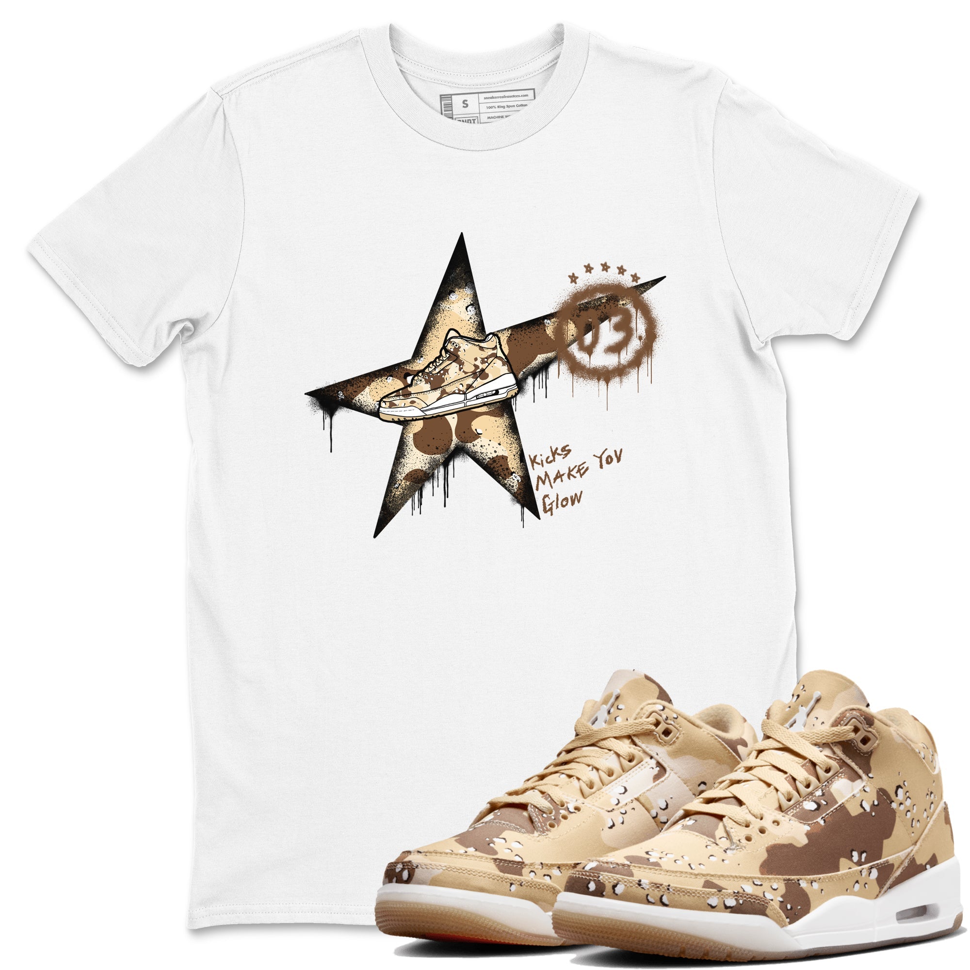 AJ3 Desert Camo shirts to match jordans Kicks Make You Glow sneaker match tees Air Jordan 3 Desert Camo Drip Gear Zone streetwear brand White 1 unisex cotton tee