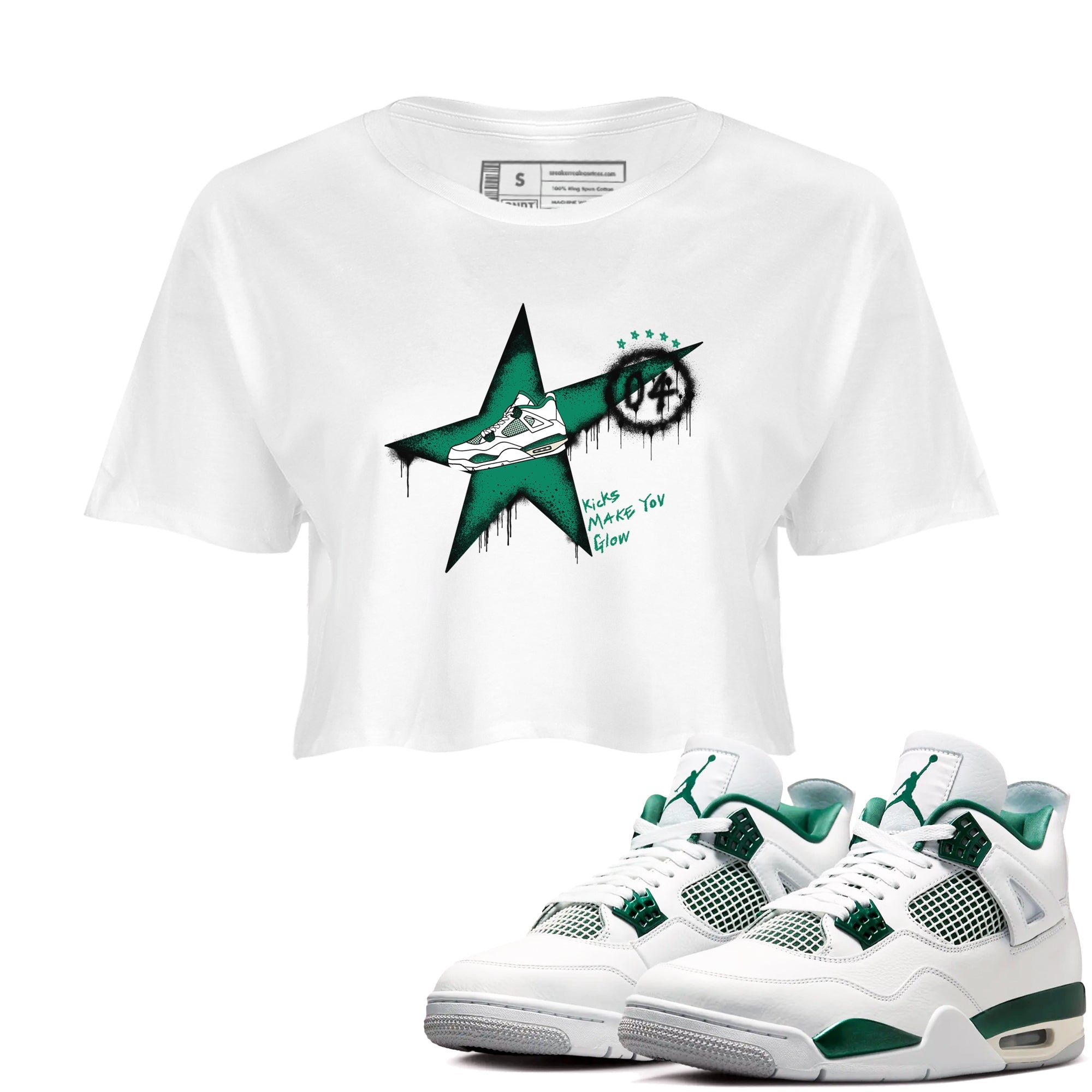 4s Oxidized Green shirts to match jordans Kicks Make You Glow sneaker match tees Air Jordan 4 Oxidized Green Drip Gear Zone streetwear brand White 1 crop tee