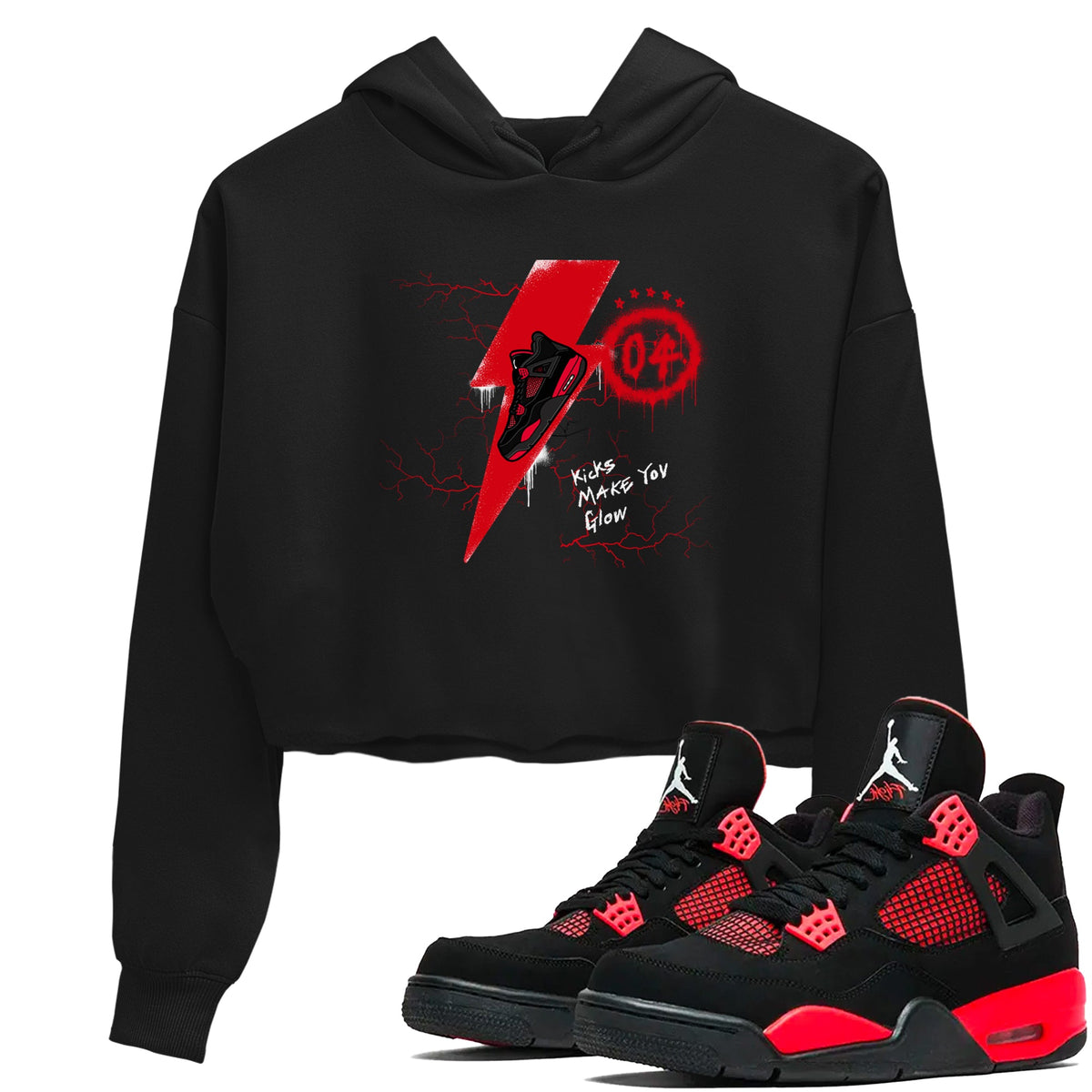 4s Red Thunder shirts to match jordans Kicks Make You Glow sneaker match tees Air Jordan 4 Red Thunder Drip Gear Zone streetwear brand Black 1 crop tee