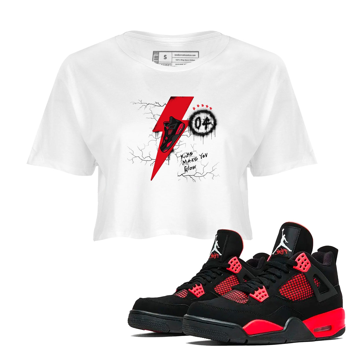 4s Red Thunder shirts to match jordans Kicks Make You Glow sneaker match tees Air Jordan 4 Red Thunder Drip Gear Zone streetwear brand White 1 crop tee