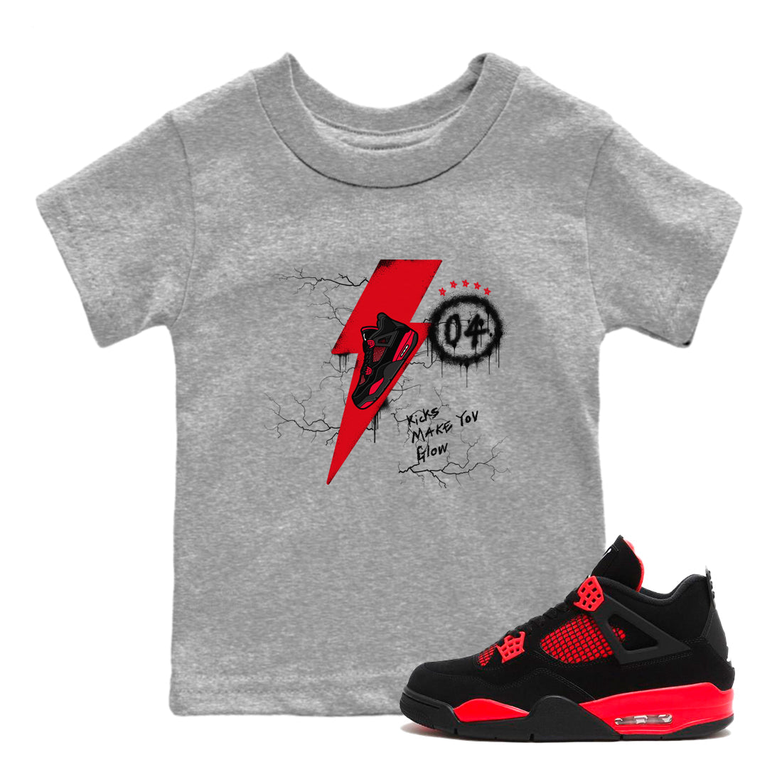 4s Red Thunder shirts to match jordans Kicks Make You Glow sneaker match tees Air Jordan 4 Red Thunder Drip Gear Zone streetwear brand Baby and Youth Heather Grey 1 cotton tee