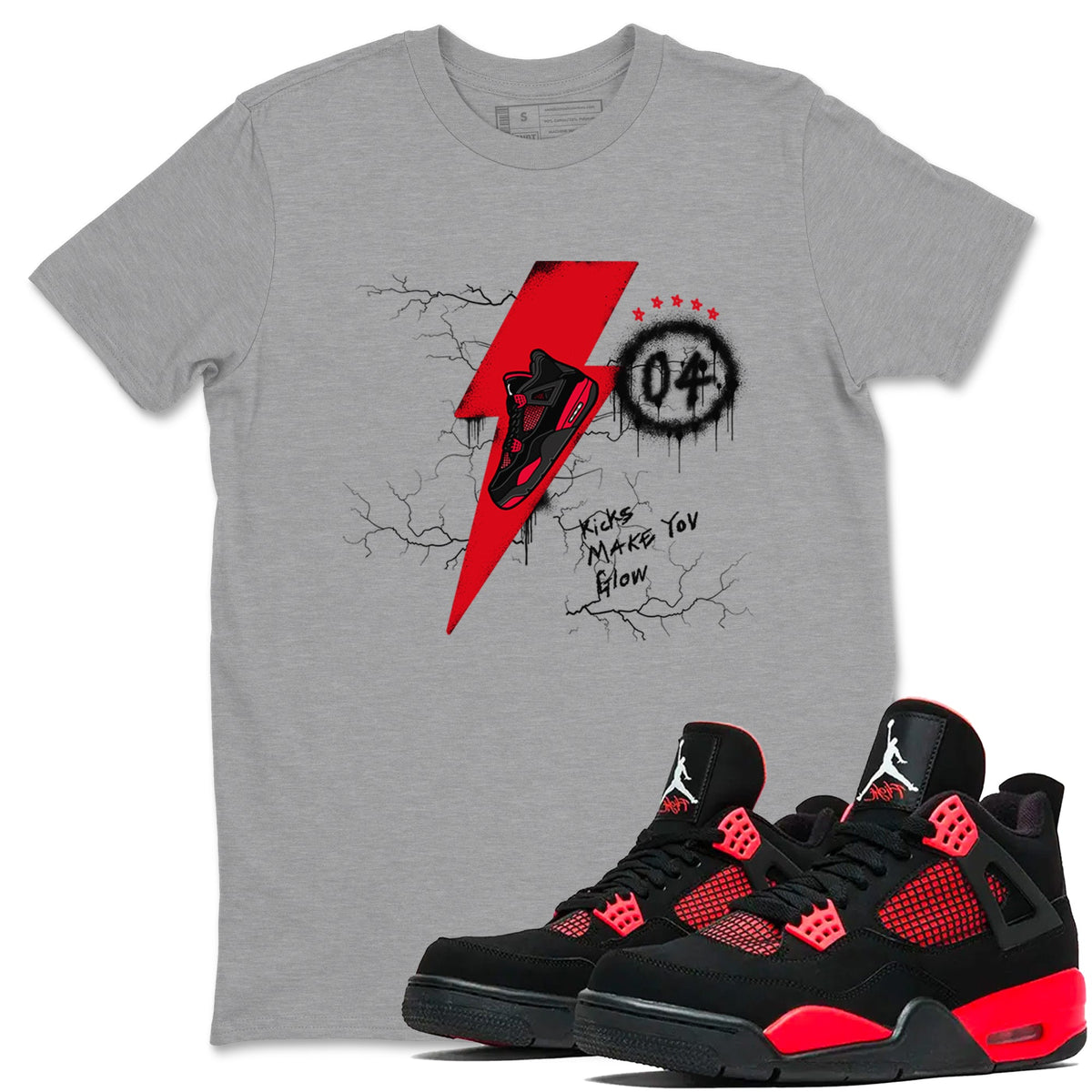 4s Red Thunder shirts to match jordans Kicks Make You Glow sneaker match tees Air Jordan 4 Red Thunder Drip Gear Zone streetwear brand Heather Grey 1 unisex cotton tee