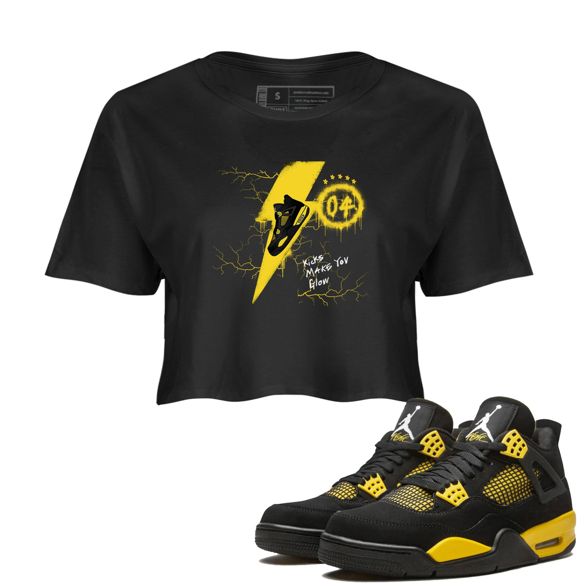 AJ4 Thunder shirts to match jordans Kicks Make You Glow sneaker match tees Air Jordan 4 Thunder Drip Gear Zone streetwear brand Black 1 crop tee