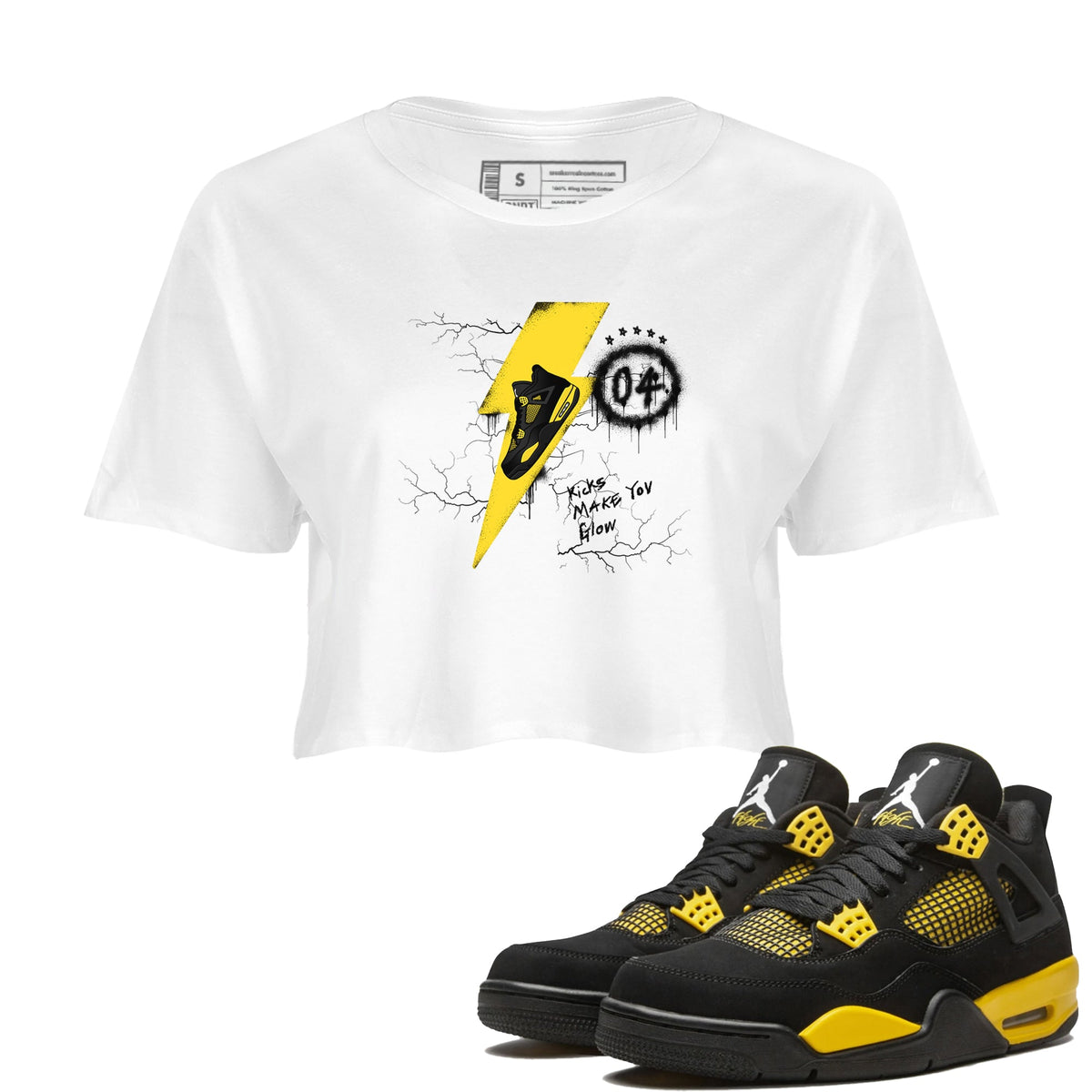 AJ4 Thunder shirts to match jordans Kicks Make You Glow sneaker match tees Air Jordan 4 Thunder Drip Gear Zone streetwear brand White 1 crop tee