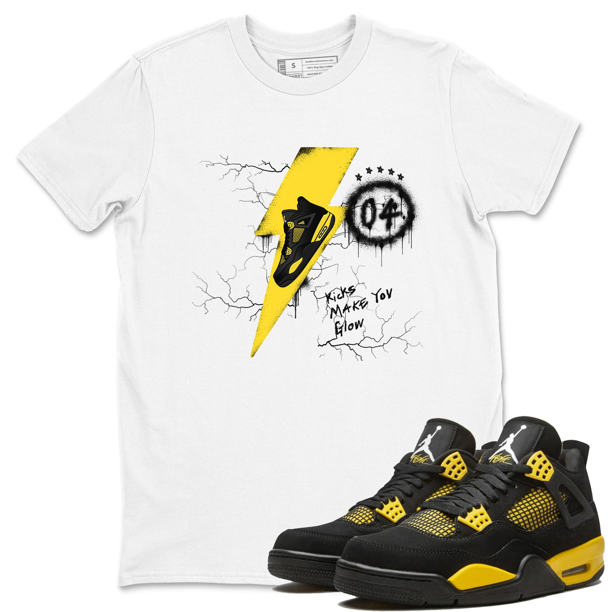 AJ4 Thunder shirts to match jordans Kicks Make You Glow sneaker match tees Air Jordan 4 Thunder Drip Gear Zone streetwear brand White 1 unisex cotton tee