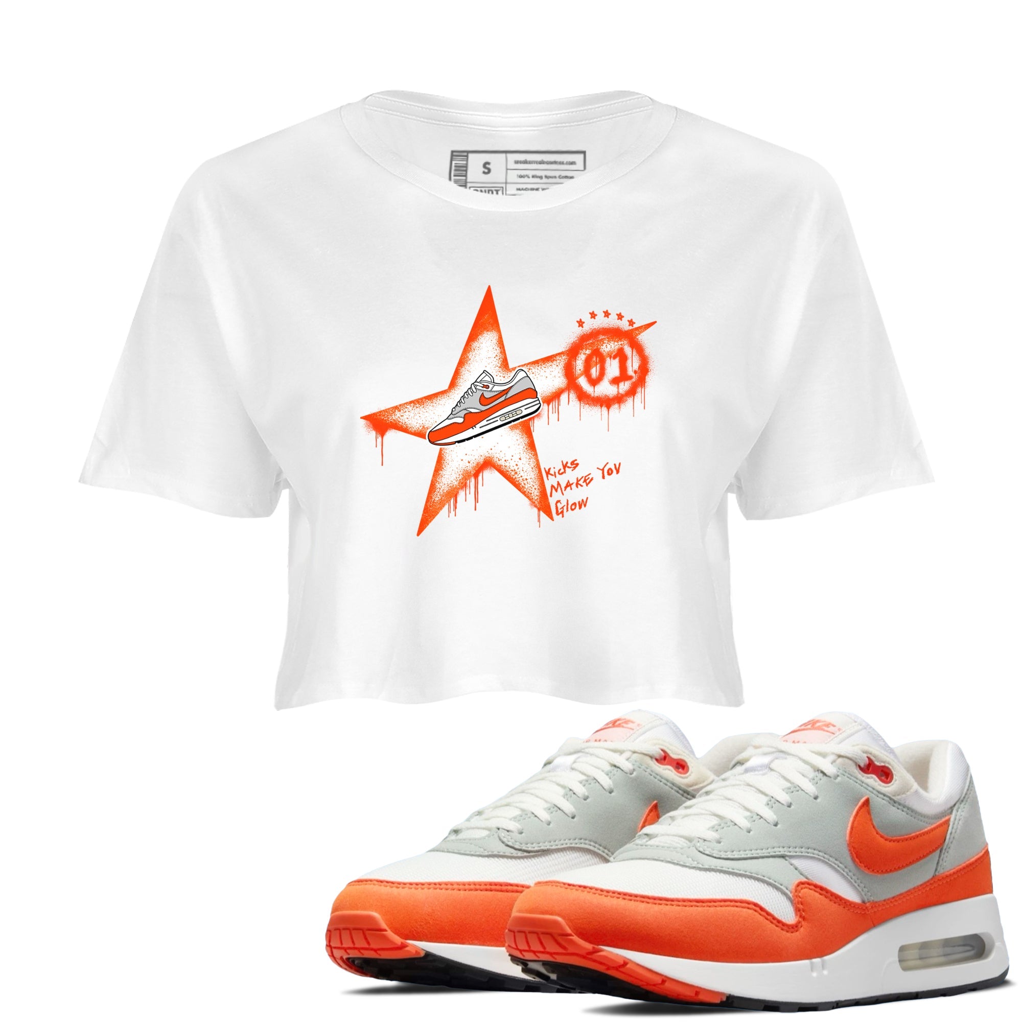 Air Max 1 OG '86 'Summit White and Cosmic Clay shirts to match jordans Kicks Make You Glow sneaker match tees Air Max 1 Cosmic Clay match shoes to clothes Drip Gear Zone unisex cotton White 1 crop tee
