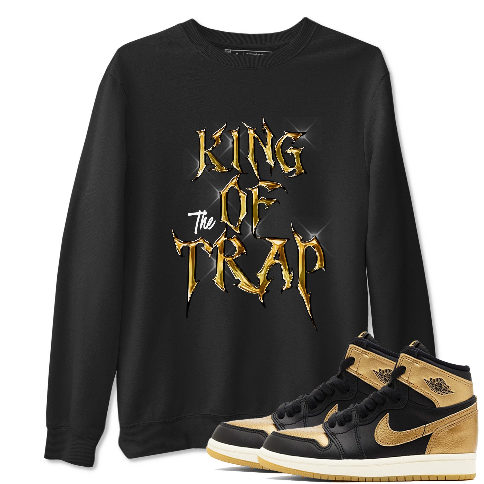 Air Jordan 1 High OG Black Metallic Gold shirts to match jordans King Of The Trap sneaker match tees Jordan 1 Black Metallic Gold Drip Gear Zone streetwear brand Black 1 unisex cotton tee
