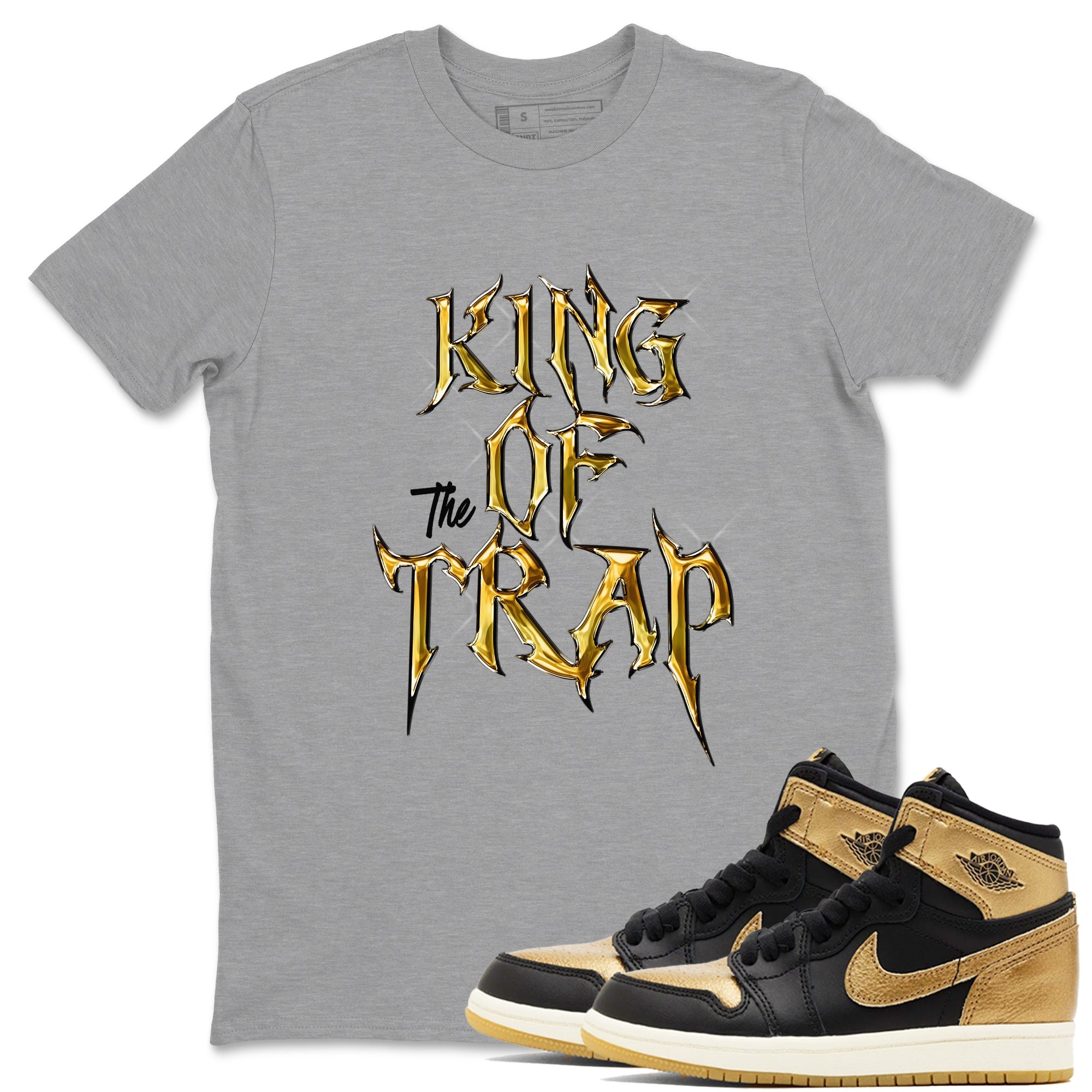 Air Jordan 1 High OG Black Metallic Gold shirts to match jordans King Of The Trap sneaker match tees Jordan 1 Black Metallic Gold Drip Gear Zone streetwear brand Heather Grey 1 unisex cotton tee