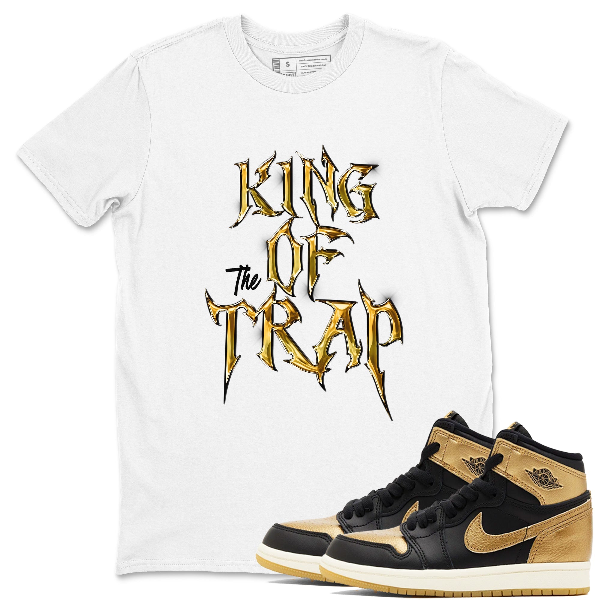 Air Jordan 1 High OG Black Metallic Gold shirts to match jordans King Of The Trap sneaker match tees Jordan 1 Black Metallic Gold Drip Gear Zone streetwear brand White 1 unisex cotton tee