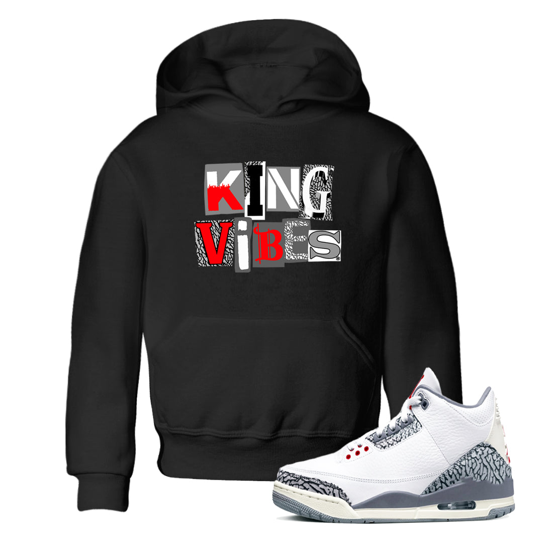 3s Cement Grey shirts to match jordans King Vibes sneaker match tees Air Jordan 3 Cement Grey Drip Gear Zone streetwear brand Baby and Youth Black 1 cotton tee