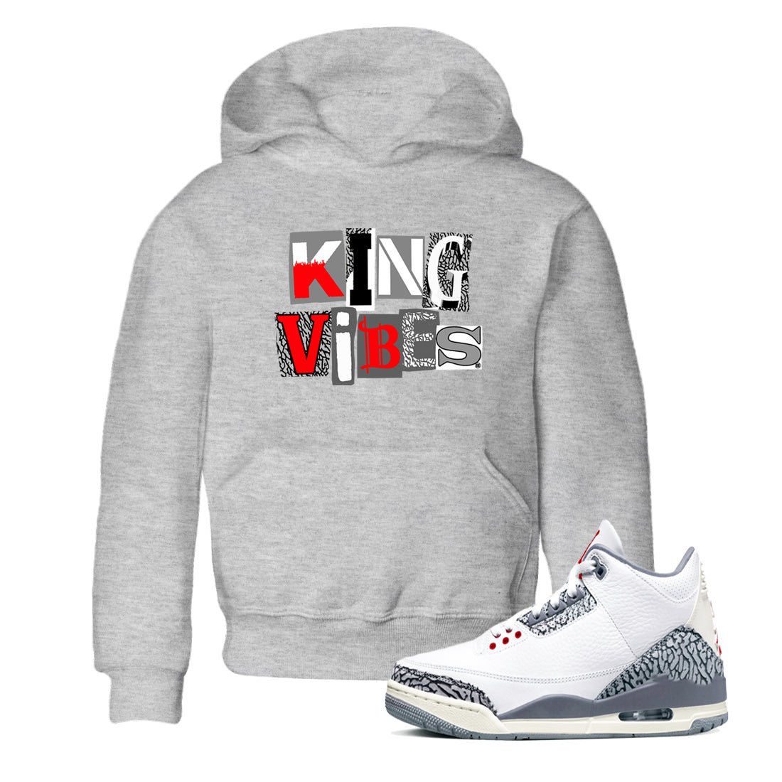 3s Cement Grey shirts to match jordans King Vibes sneaker match tees Air Jordan 3 Cement Grey Drip Gear Zone streetwear brand Baby and Youth Heather Grey 1 cotton tee