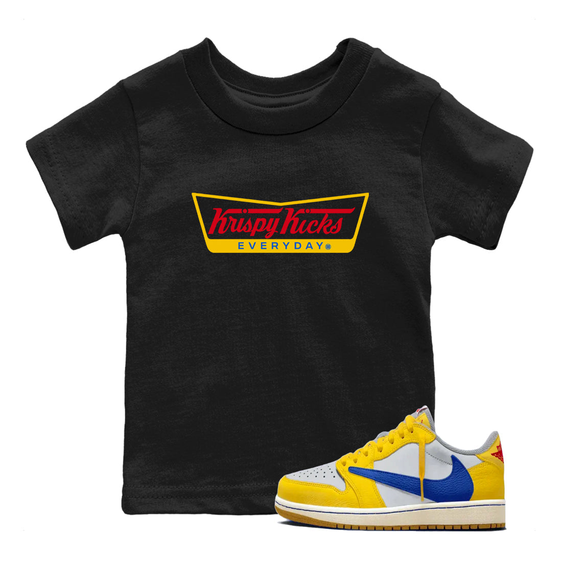 Air Jordan 1 Low x Travis Scott x Canary shirts to match jordans Krispy Kicks sneaker match tees Travis Scott Canary Drip Gear Zone Youth Baby Black 1 crew neck shirts