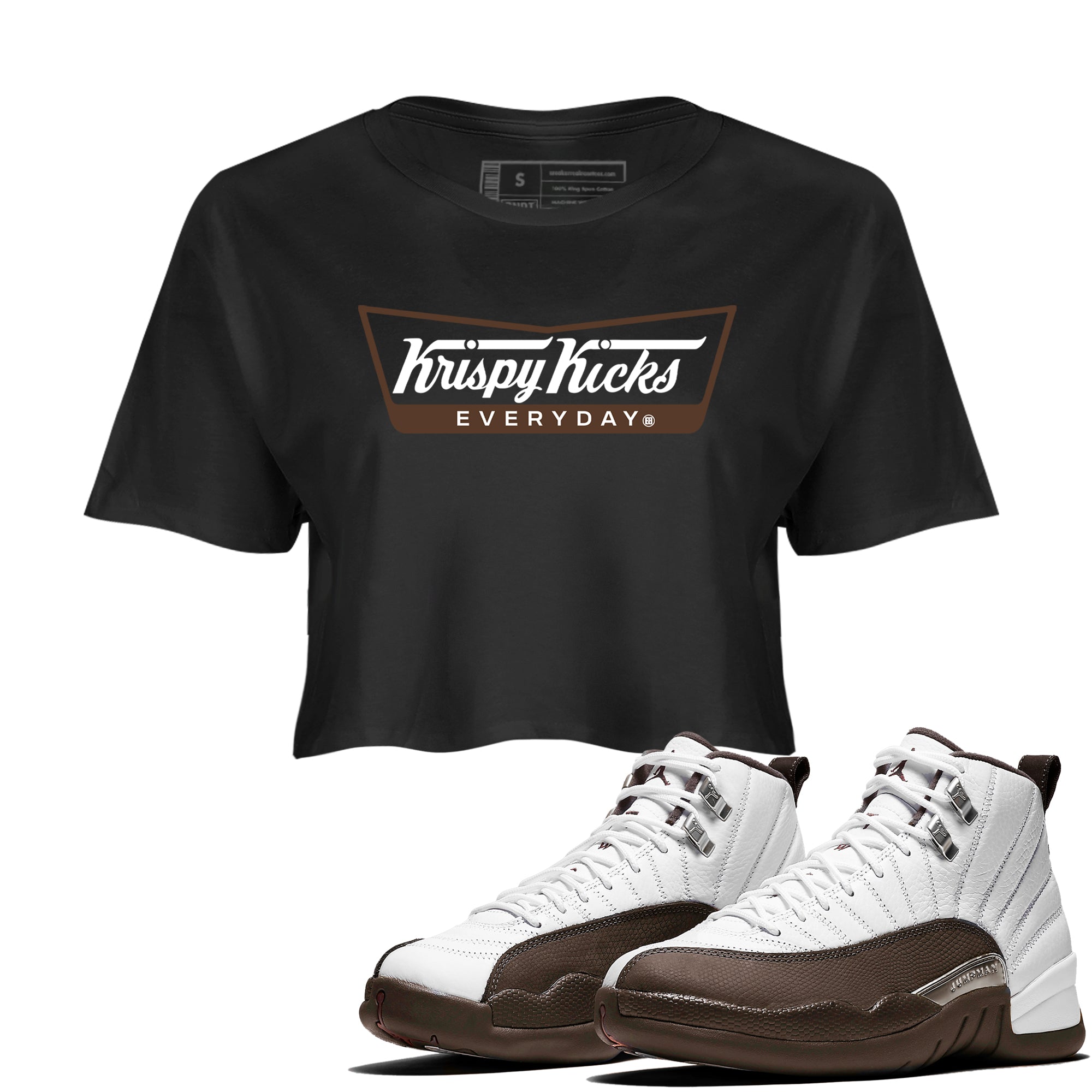 12s Baroque Brown shirts to match jordans Krispy Kicks sneaker match tees Air Jordan 12 Baroque Brown match shoes to clothes Drip Gear Zone unisex cotton Black 1 crop tee