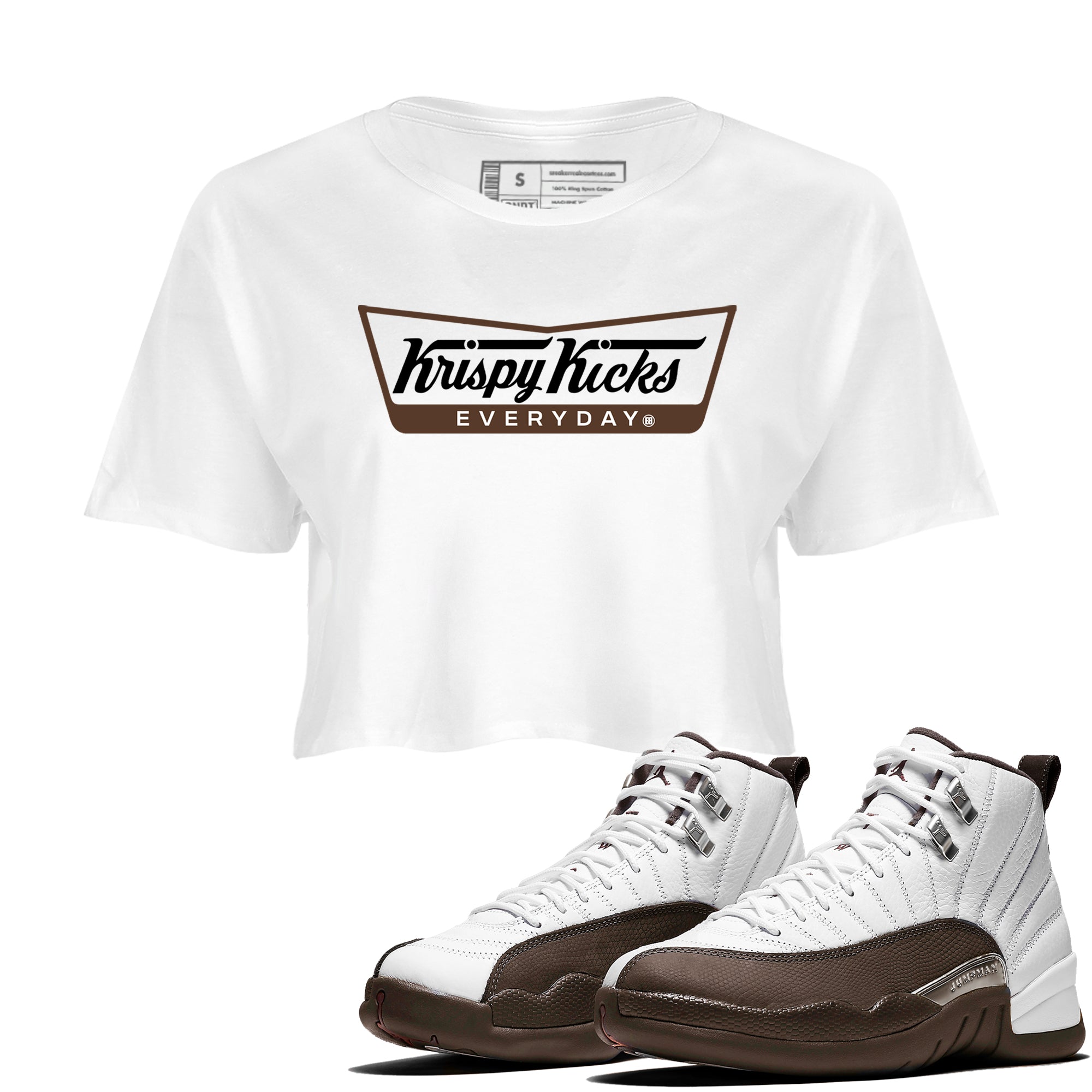 12s Baroque Brown shirts to match jordans Krispy Kicks sneaker match tees Air Jordan 12 Baroque Brown match shoes to clothes Drip Gear Zone unisex cotton White 1 crop tee
