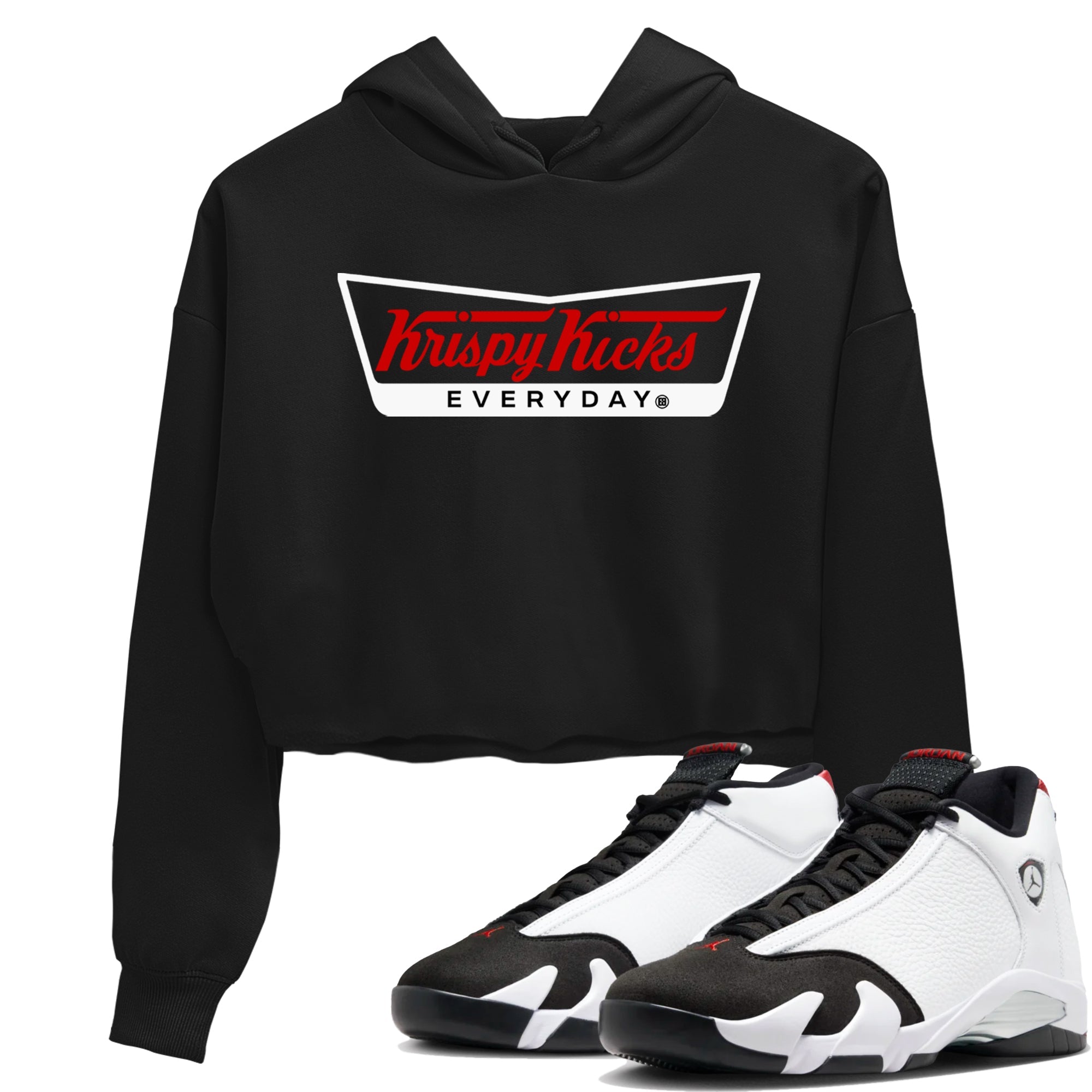Air Jordan 14 Black Toe t shirts to match sneakers Krispy Kicks sneaker match tees 14s Black Toe sneaker match tee Drip Gear Zone unisex cotton Black 1 crop tee