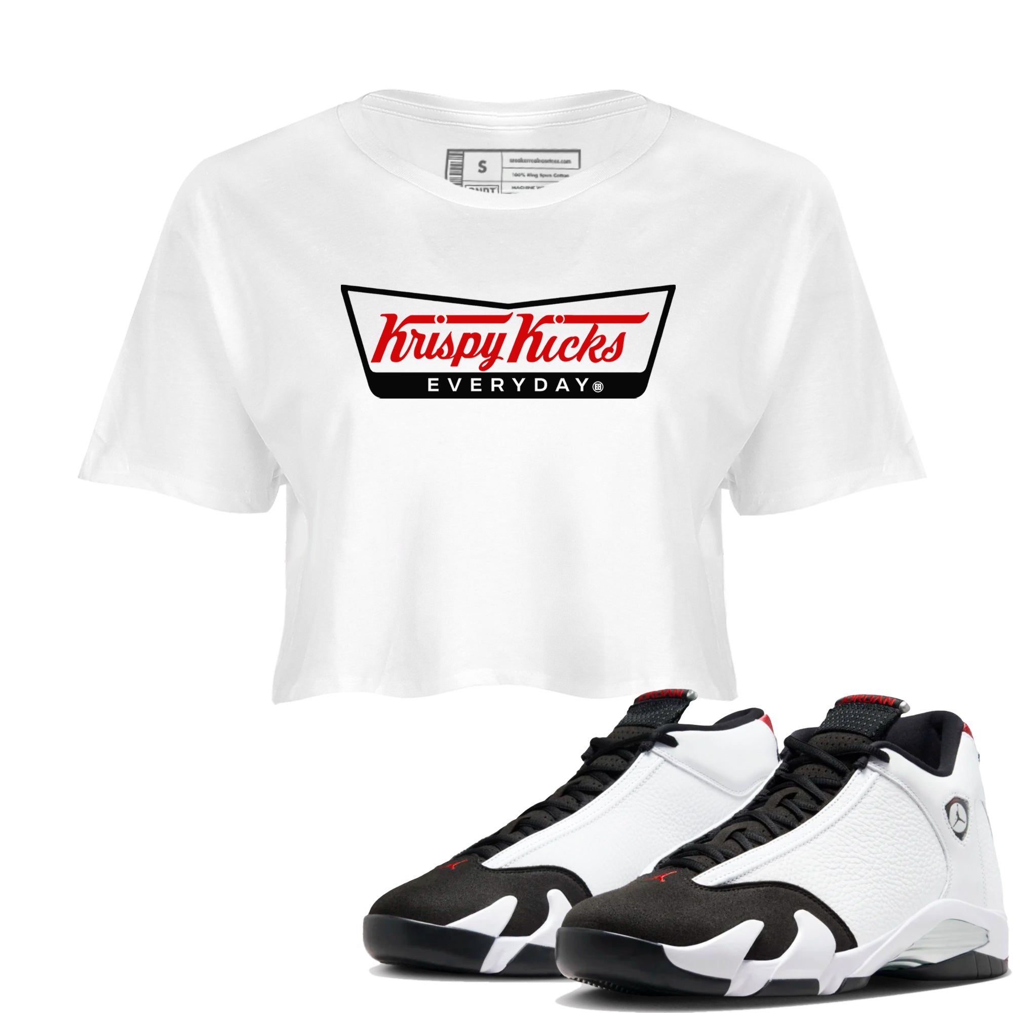 Air Jordan 14 Black Toe t shirts to match sneakers Krispy Kicks sneaker match tees 14s Black Toe sneaker match tee Drip Gear Zone unisex cotton White 1 crop tee