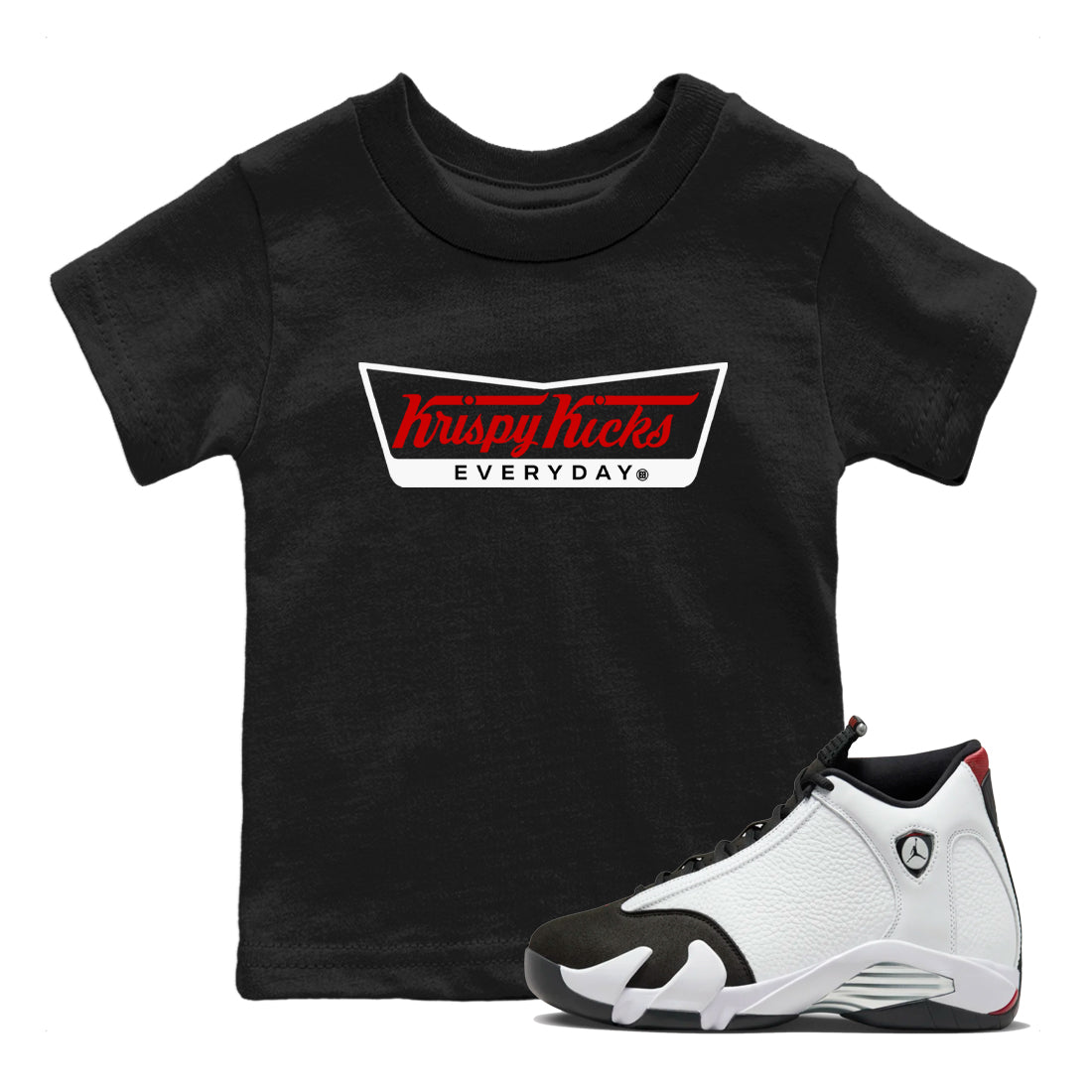 Air Jordan 14 Black Toe t shirts to match sneakers Krispy Kicks sneaker match tees 14s Black Toe sneaker match tee Drip Gear Zone Youth Baby Black 1 tee