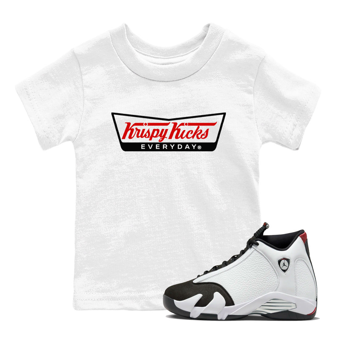 Air Jordan 14 Black Toe t shirts to match sneakers Krispy Kicks sneaker match tees 14s Black Toe sneaker match tee Drip Gear Zone Youth Baby White 1 tee