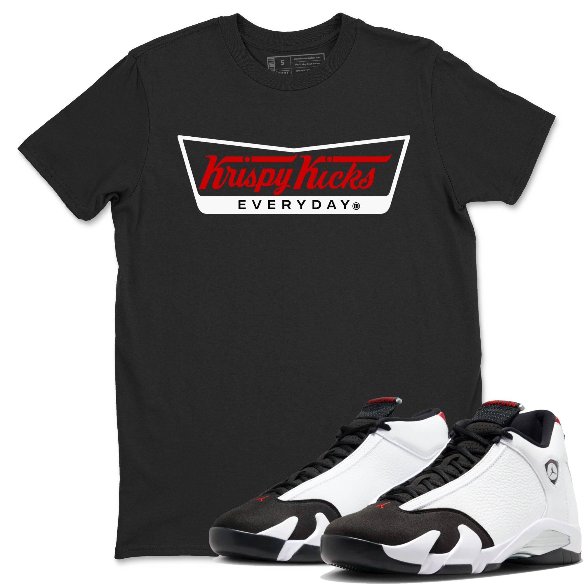 Air Jordan 14 Black Toe t shirts to match sneakers Krispy Kicks sneaker match tees 14s Black Toe sneaker match tee Drip Gear Zone unisex cotton Black 1 shirts