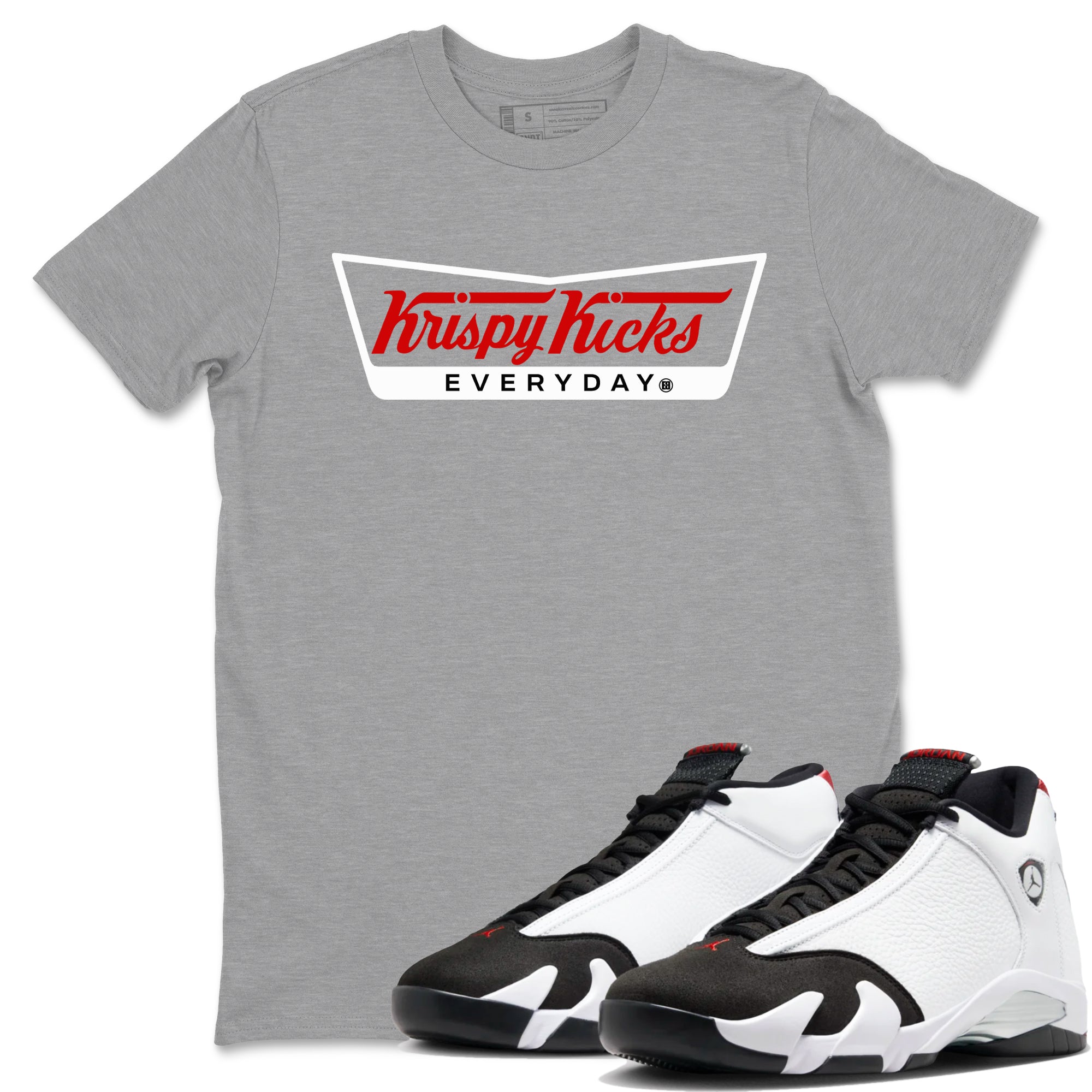 Air Jordan 14 Black Toe t shirts to match sneakers Krispy Kicks sneaker match tees 14s Black Toe sneaker match tee Drip Gear Zone unisex cotton Heather Grey 1 shirts