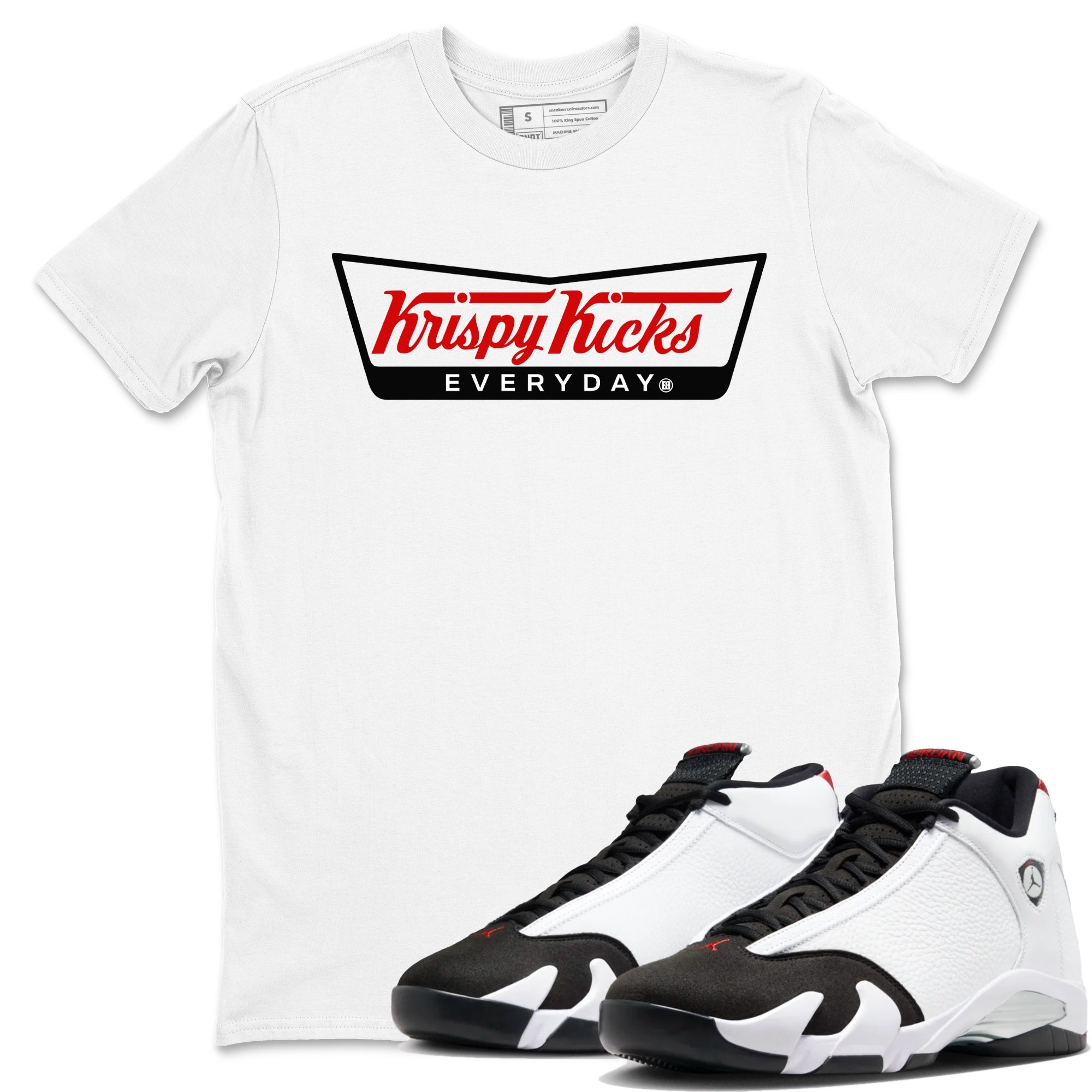 Air Jordan 14 Black Toe t shirts to match sneakers Krispy Kicks sneaker match tees 14s Black Toe sneaker match tee Drip Gear Zone unisex cotton White 1 shirts