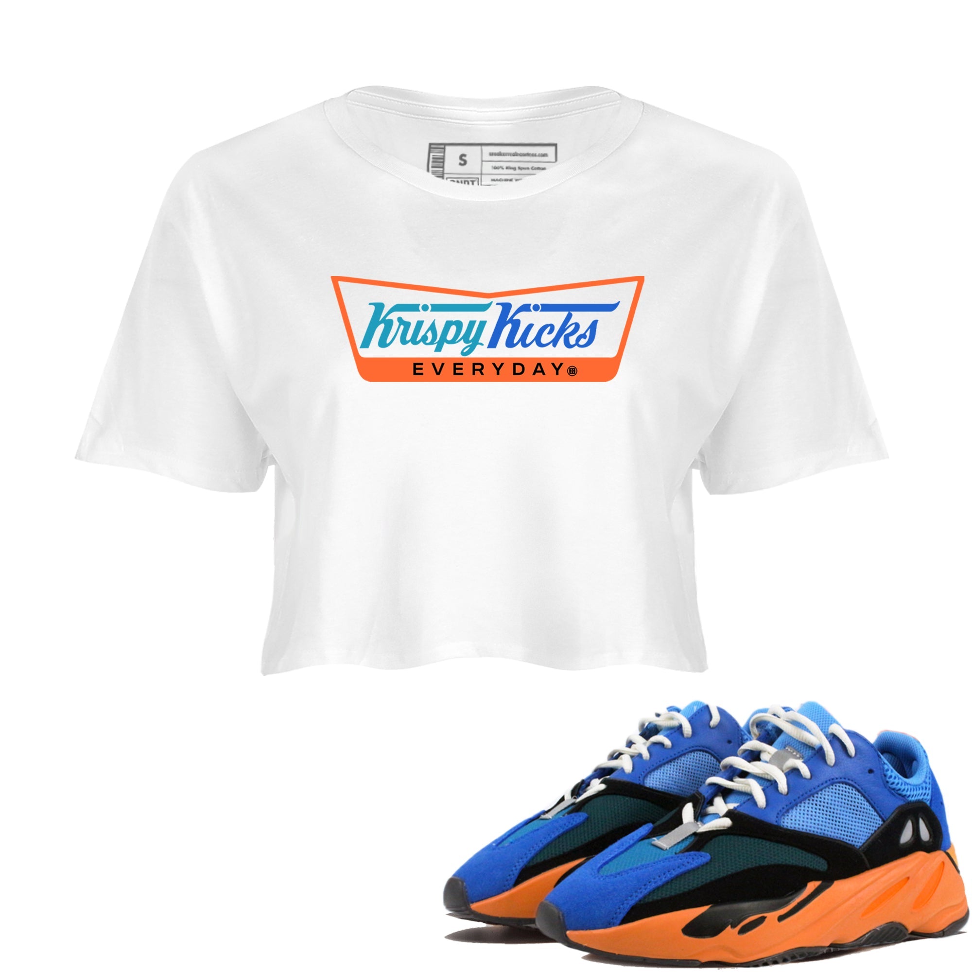 Yeezy 700 Bright Blue shirts to match jordans Krispy Kicks sneaker match tees Yeezy 700 Bright Blue match shoes to clothes Drip Gear Zone unisex cotton White 1 crop tee