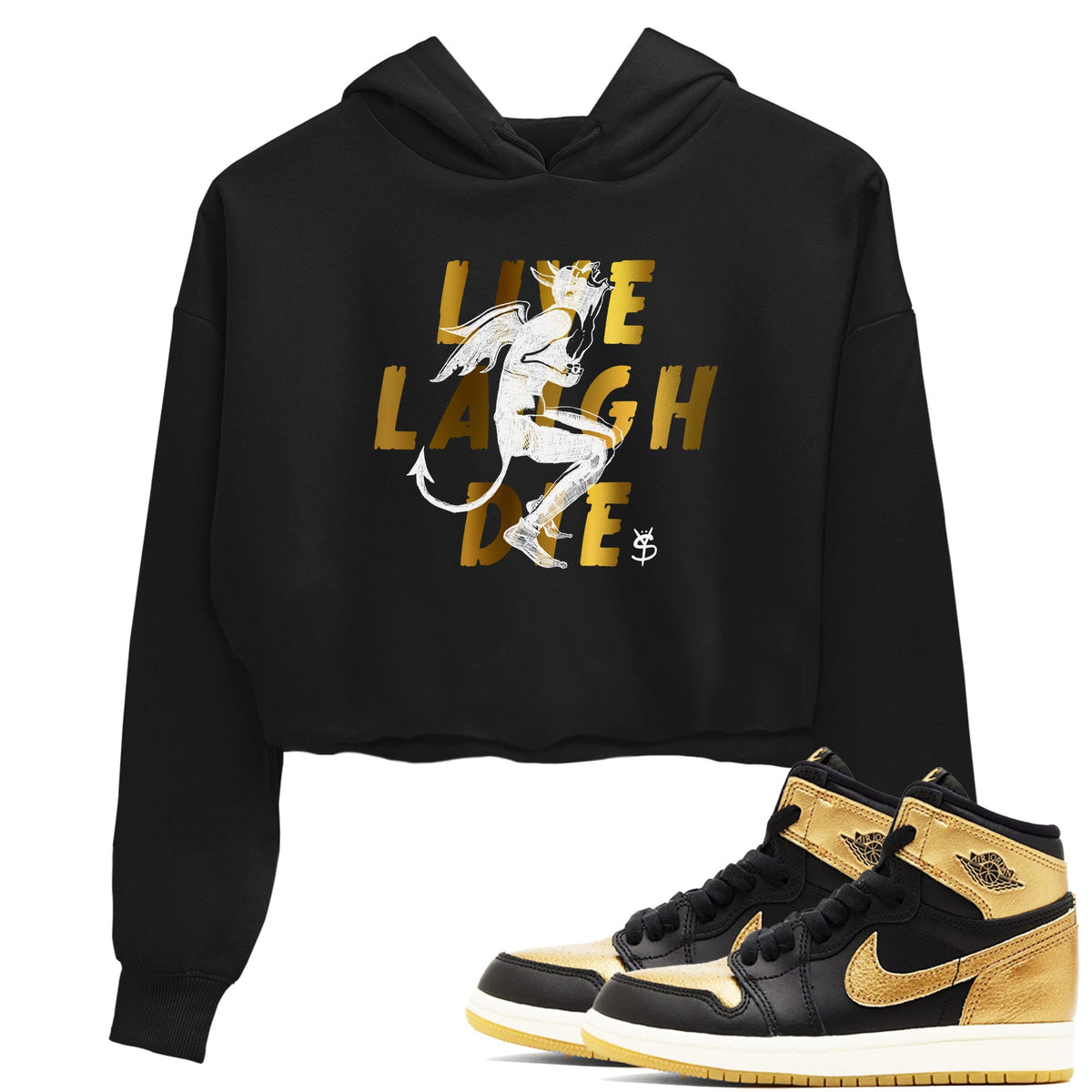 1s Black Metallic Gold shirts to match jordans Laughing Devil sneaker match tees Air Jordan 1 Black Metallic Gold Drip Gear Zone unisex cotton Black 1 Crop Shirts