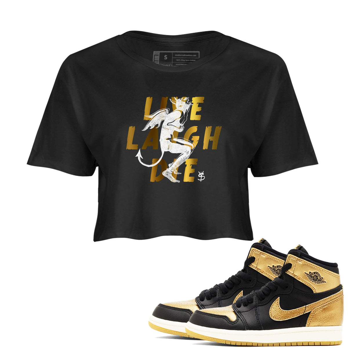 1s Black Metallic Gold shirts to match jordans Laughing Devil sneaker match tees Air Jordan 1 Black Metallic Gold Drip Gear Zone unisex cotton Black 1 Crop Shirts
