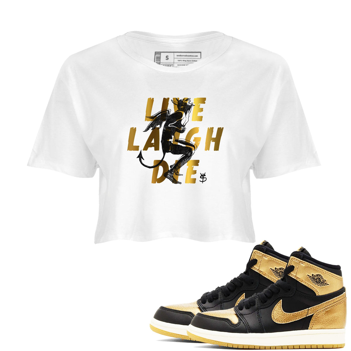 1s Black Metallic Gold shirts to match jordans Laughing Devil sneaker match tees Air Jordan 1 Black Metallic Gold Drip Gear Zone unisex cotton White 1 Crop Shirts