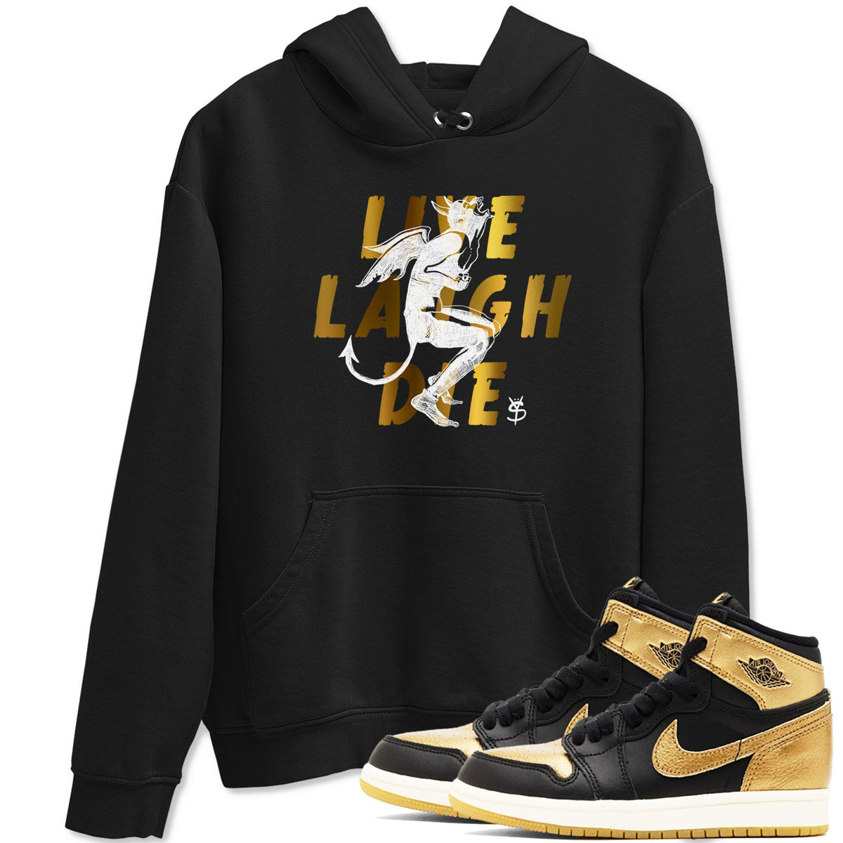 1s Black Metallic Gold shirts to match jordans Laughing Devil sneaker match tees Air Jordan 1 Black Metallic Gold Drip Gear Zone unisex cotton Black 1 crew neck shirts