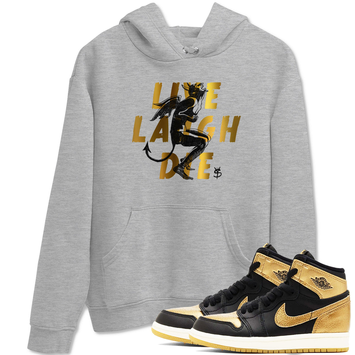 1s Black Metallic Gold shirts to match jordans Laughing Devil sneaker match tees Air Jordan 1 Black Metallic Gold Drip Gear Zone unisex cotton Heather Grey 1 crew neck shirts