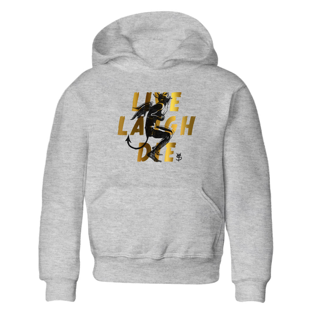 1s Black Metallic Gold shirts to match jordans Laughing Devil sneaker match tees Air Jordan 1 Black Metallic Gold Drip Gear Zone Youth Baby Heather Grey 2 crew neck shirts