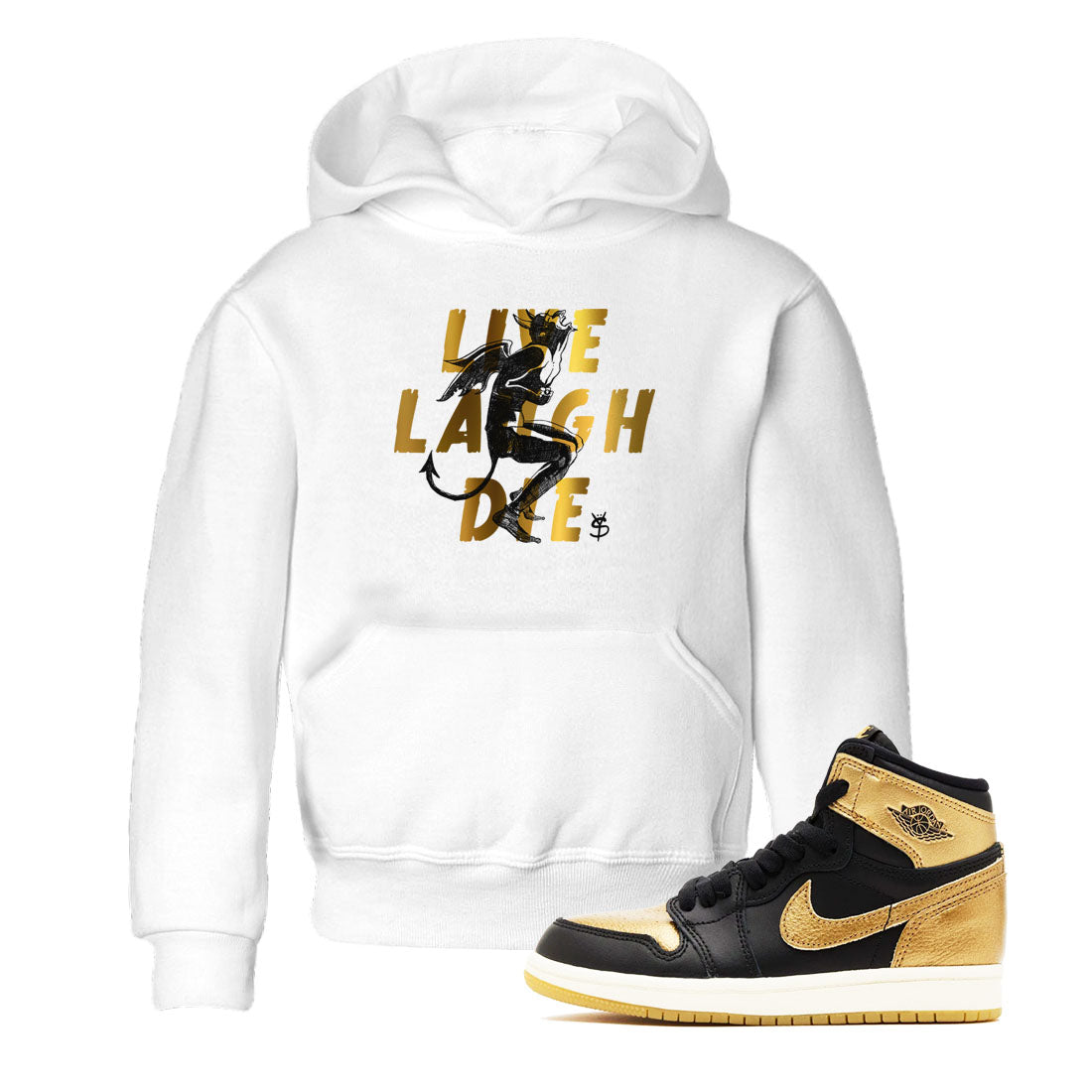 1s Black Metallic Gold shirts to match jordans Laughing Devil sneaker match tees Air Jordan 1 Black Metallic Gold Drip Gear Zone Youth Baby White 1 crew neck shirts