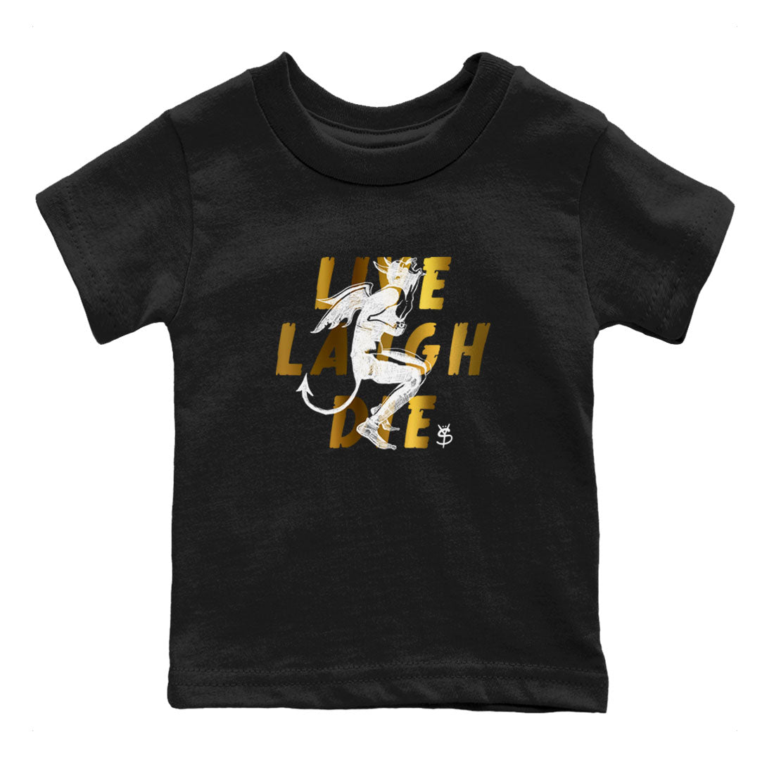 1s Black Metallic Gold shirts to match jordans Laughing Devil sneaker match tees Air Jordan 1 Black Metallic Gold Drip Gear Zone Youth Baby Black 2 crew neck shirts