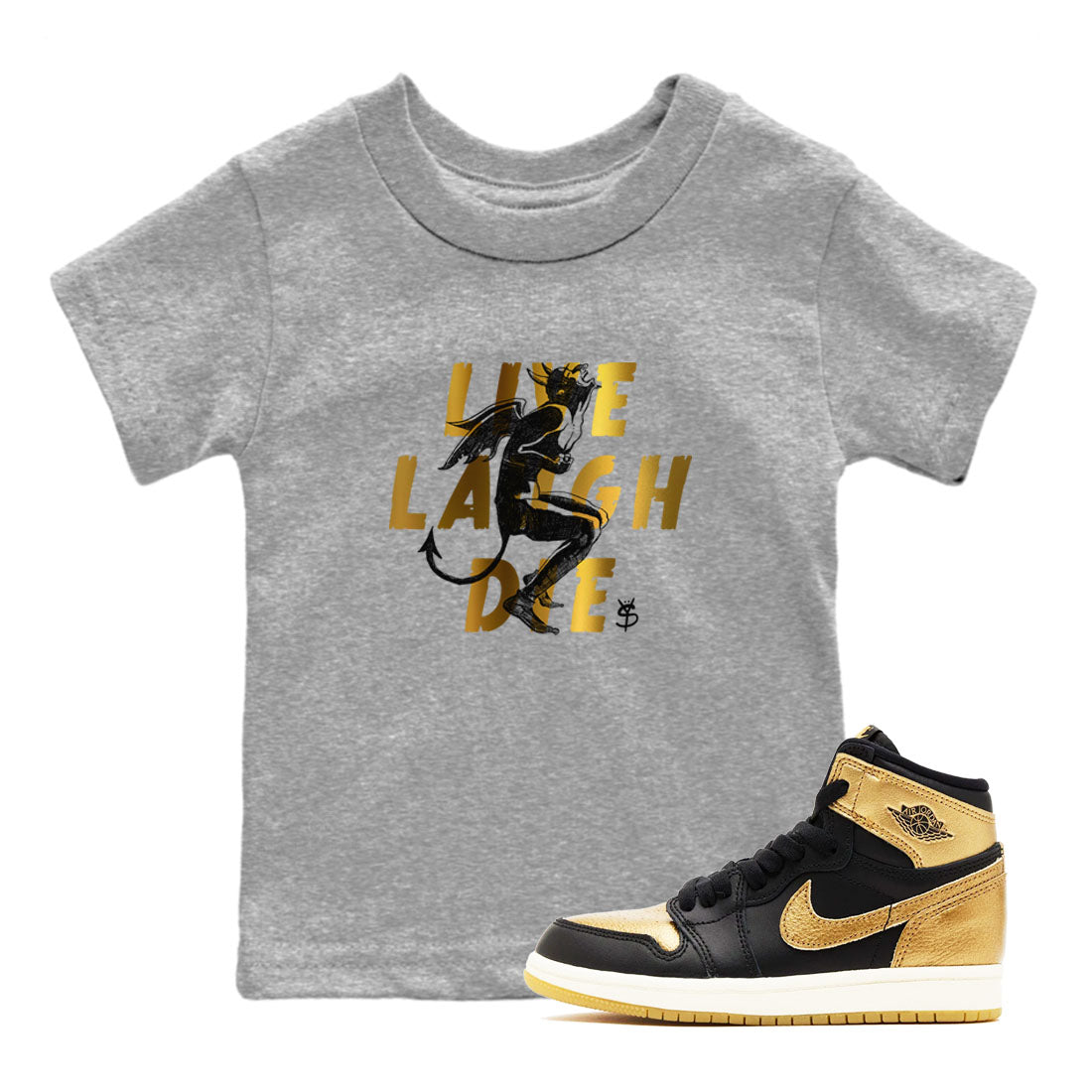 1s Black Metallic Gold shirts to match jordans Laughing Devil sneaker match tees Air Jordan 1 Black Metallic Gold Drip Gear Zone Youth Baby Heather Grey 1 crew neck shirts
