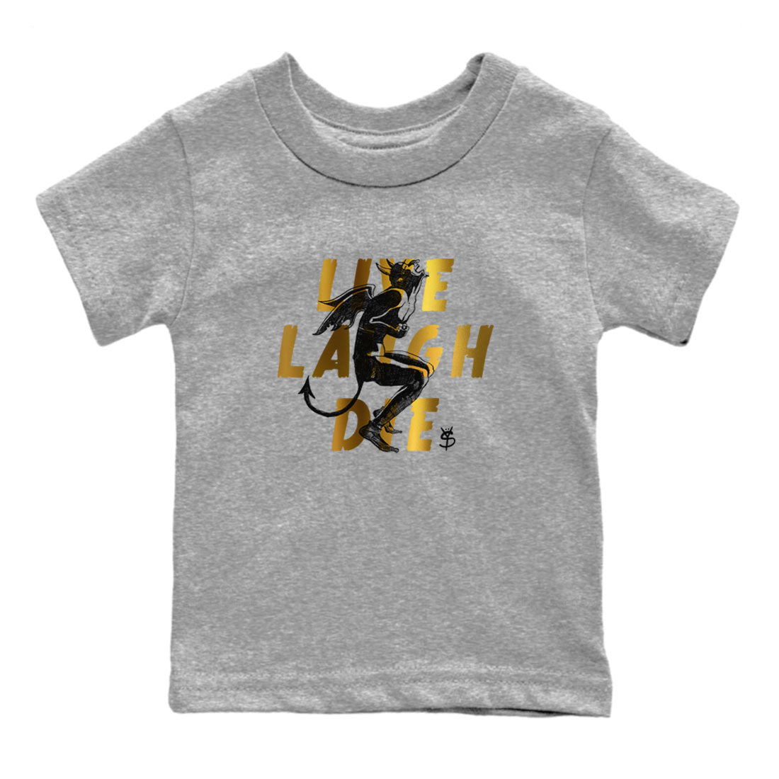 1s Black Metallic Gold shirts to match jordans Laughing Devil sneaker match tees Air Jordan 1 Black Metallic Gold Drip Gear Zone Youth Baby Heather Grey 2 crew neck shirts