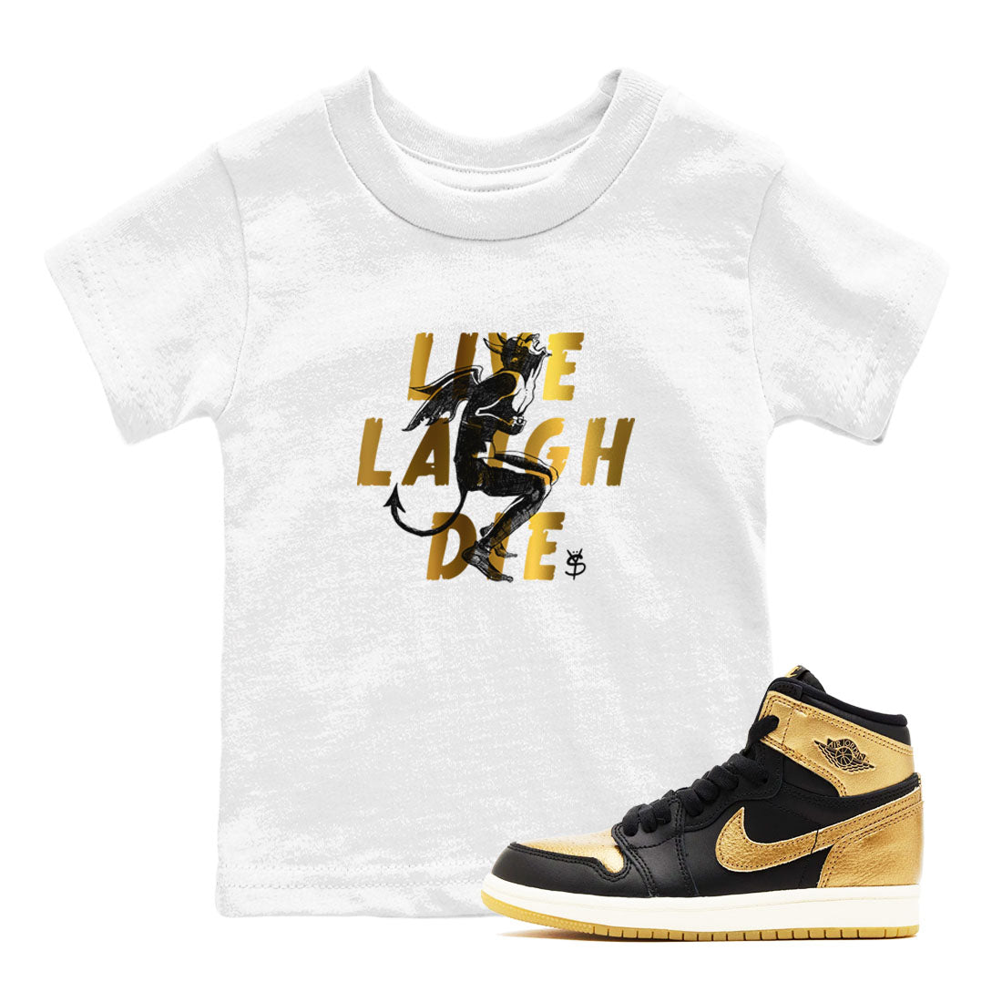 1s Black Metallic Gold shirts to match jordans Laughing Devil sneaker match tees Air Jordan 1 Black Metallic Gold Drip Gear Zone Youth Baby White 1 crew neck shirts