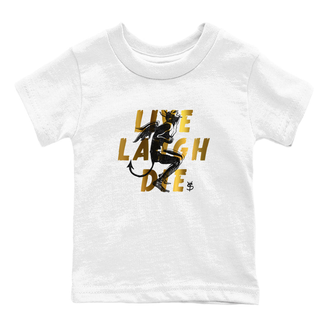 1s Black Metallic Gold shirts to match jordans Laughing Devil sneaker match tees Air Jordan 1 Black Metallic Gold Drip Gear Zone Youth Baby White 2 crew neck shirts