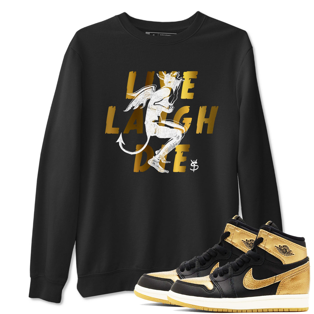1s Black Metallic Gold shirts to match jordans Laughing Devil sneaker match tees Air Jordan 1 Black Metallic Gold Drip Gear Zone unisex cotton Black 1 crew neck shirts