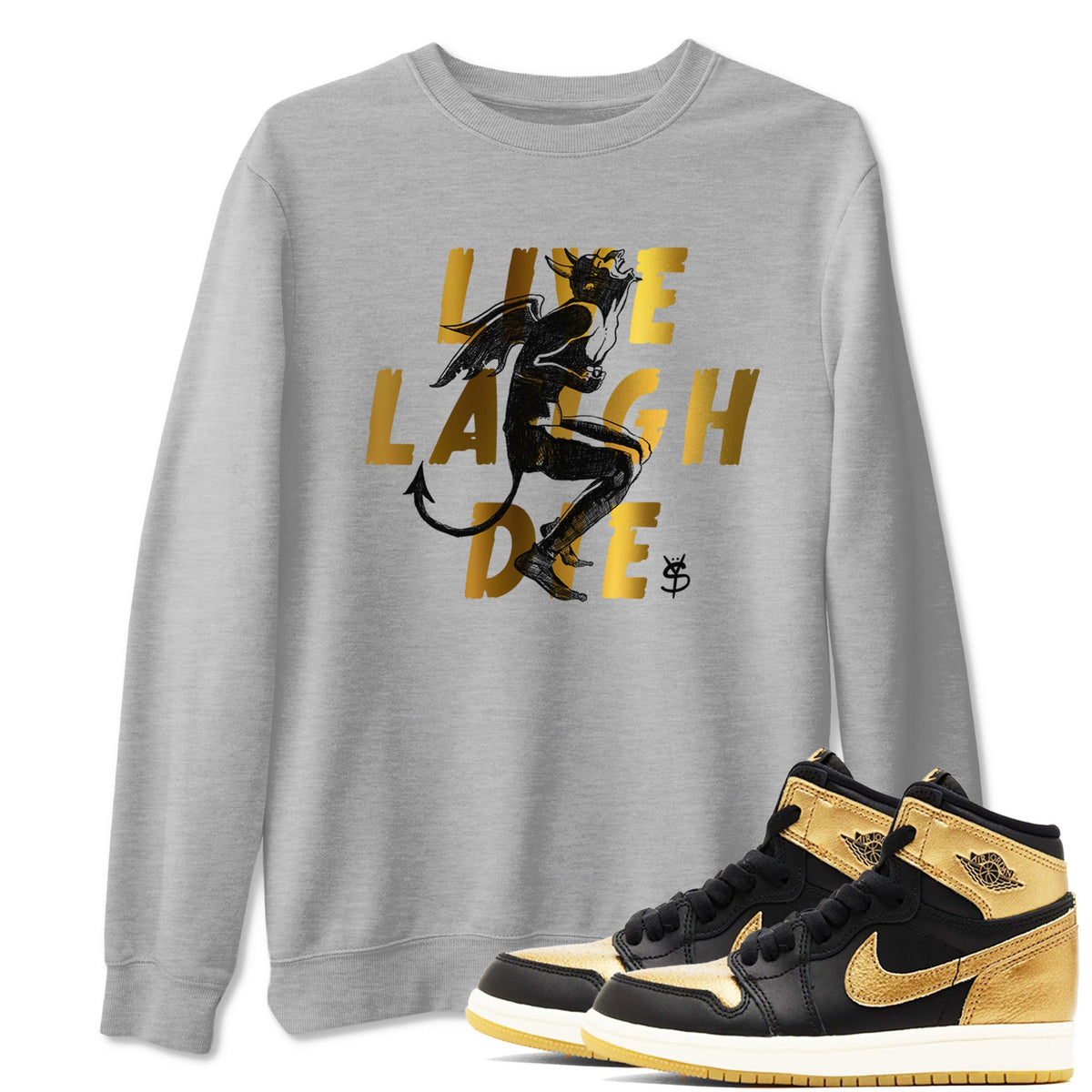 1s Black Metallic Gold shirts to match jordans Laughing Devil sneaker match tees Air Jordan 1 Black Metallic Gold Drip Gear Zone unisex cotton Heather Grey 1 crew neck shirts