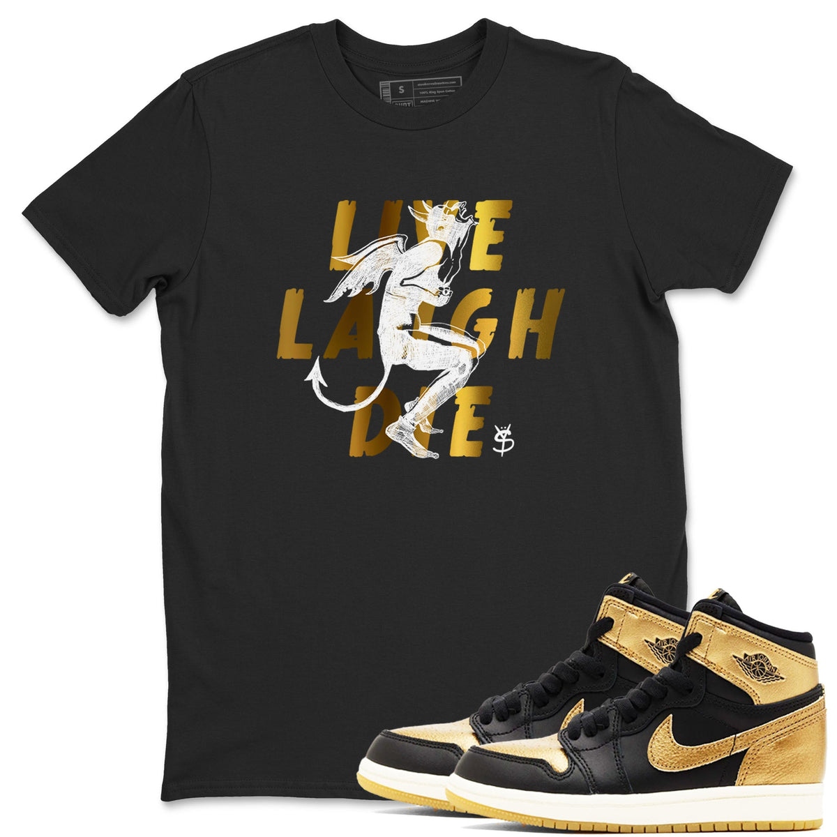 1s Black Metallic Gold shirts to match jordans Laughing Devil sneaker match tees Air Jordan 1 Black Metallic Gold Drip Gear Zone unisex cotton Black 1 crew neck shirts