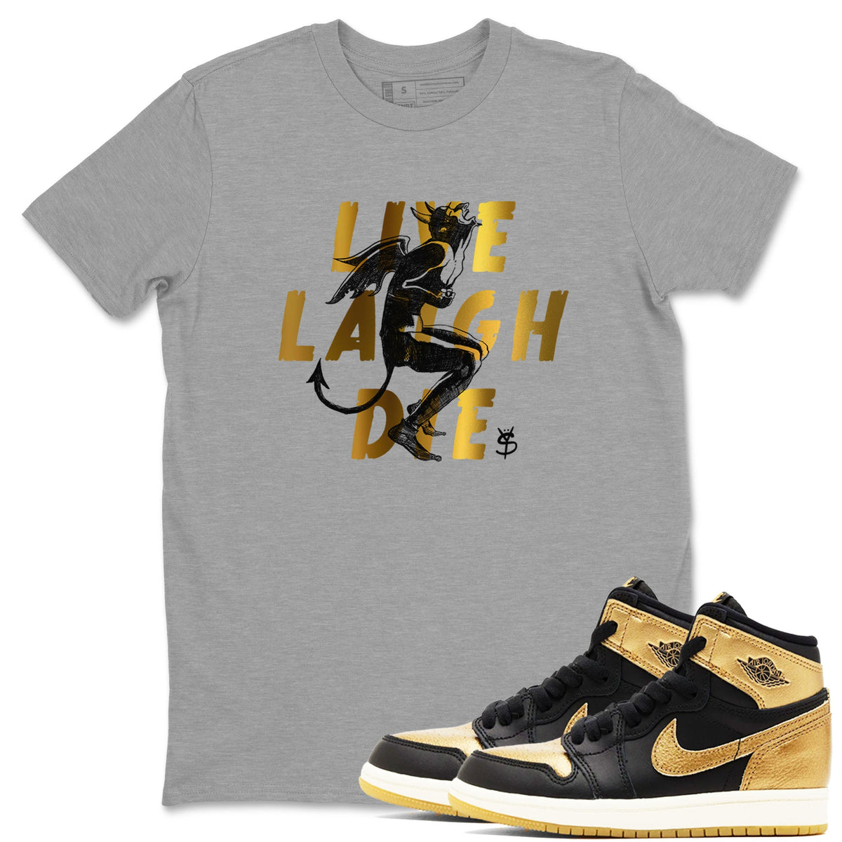 1s Black Metallic Gold shirts to match jordans Laughing Devil sneaker match tees Air Jordan 1 Black Metallic Gold Drip Gear Zone unisex cotton Heather Grey 1 crew neck shirts