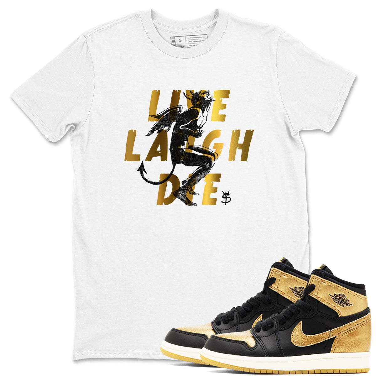 1s Black Metallic Gold shirts to match jordans Laughing Devil sneaker match tees Air Jordan 1 Black Metallic Gold Drip Gear Zone unisex cotton White 1 crew neck shirts