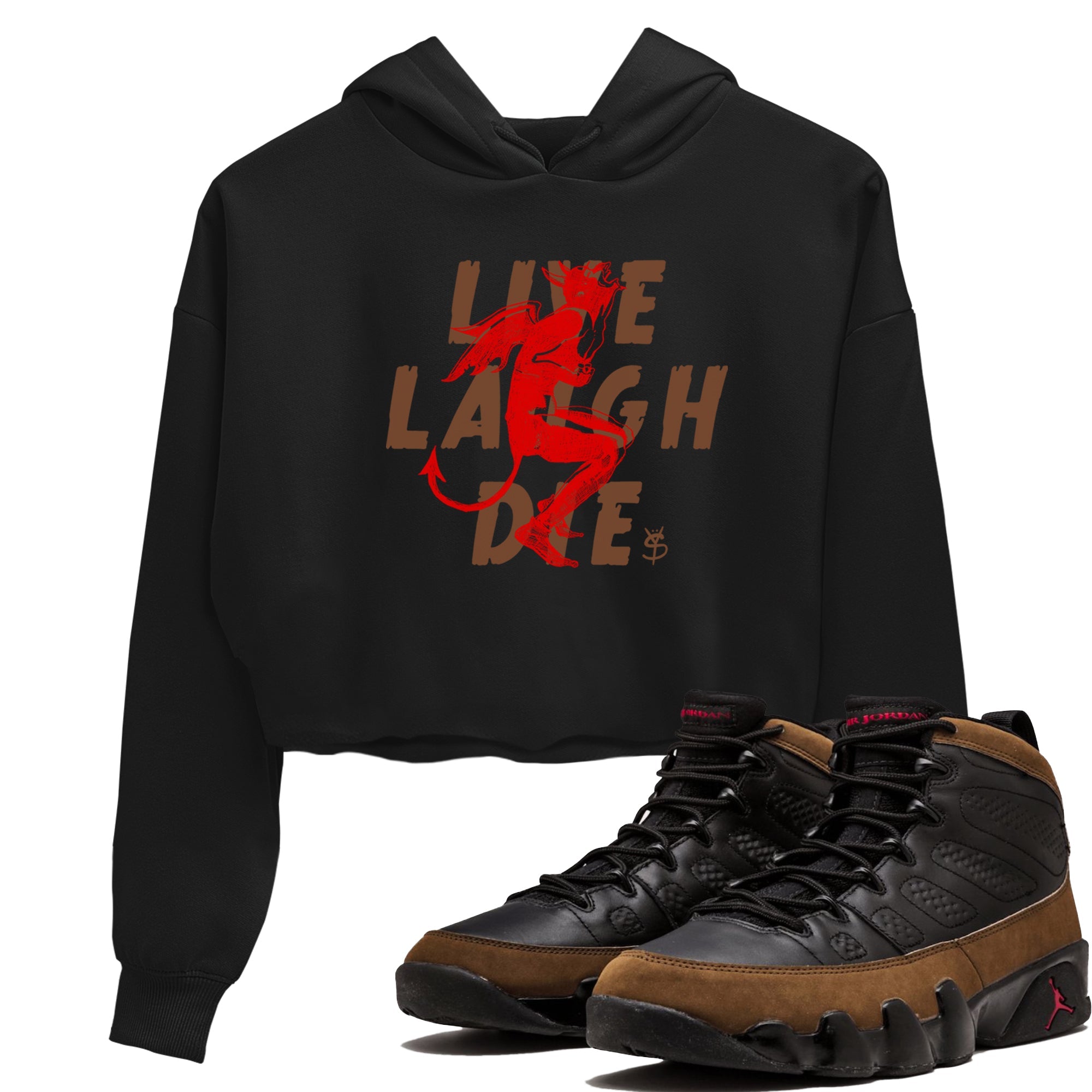 9s Olive shirts to match jordans Laughing Devil sneaker match tees Air Jordan 9 Olive match shoes to clothes Drip Gear Zone unisex cotton Black 1 crop tee