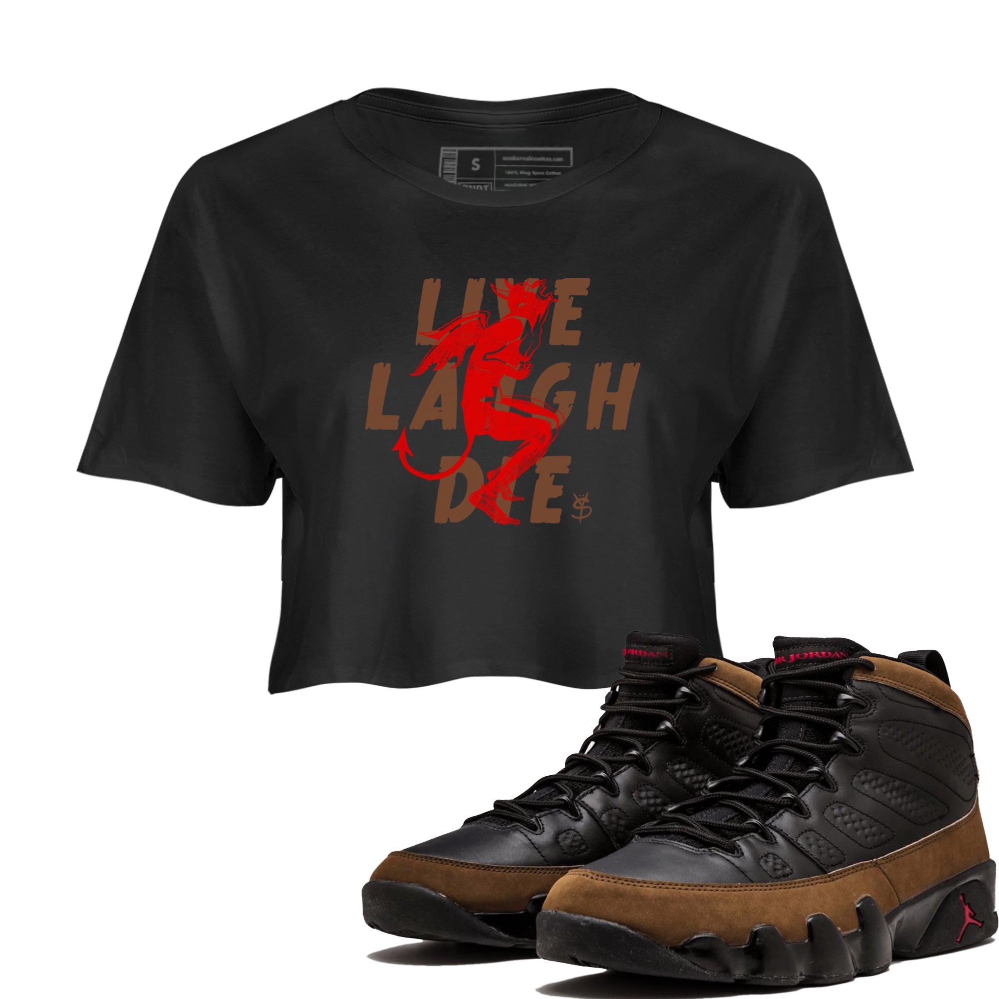 9s Olive shirts to match jordans Laughing Devil sneaker match tees Air Jordan 9 Olive match shoes to clothes Drip Gear Zone unisex cotton Black 1 crop tee